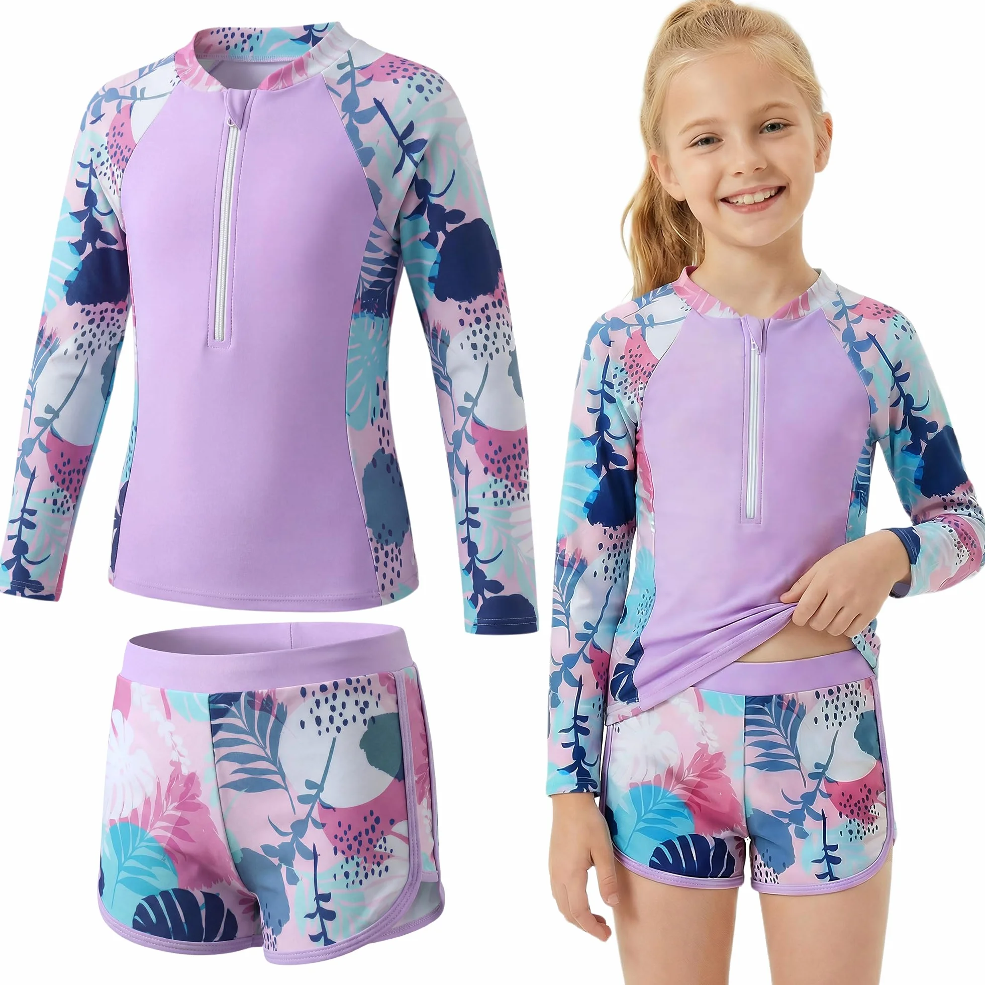 Traje de Baño Niña 2 Piezas Manga Larga Protección Solar, Estampado Top con Cremallera y Shorts Secado Rápido, Bañador Suaves Rash Guard Playa Piscina Ropa para 5-13 Años