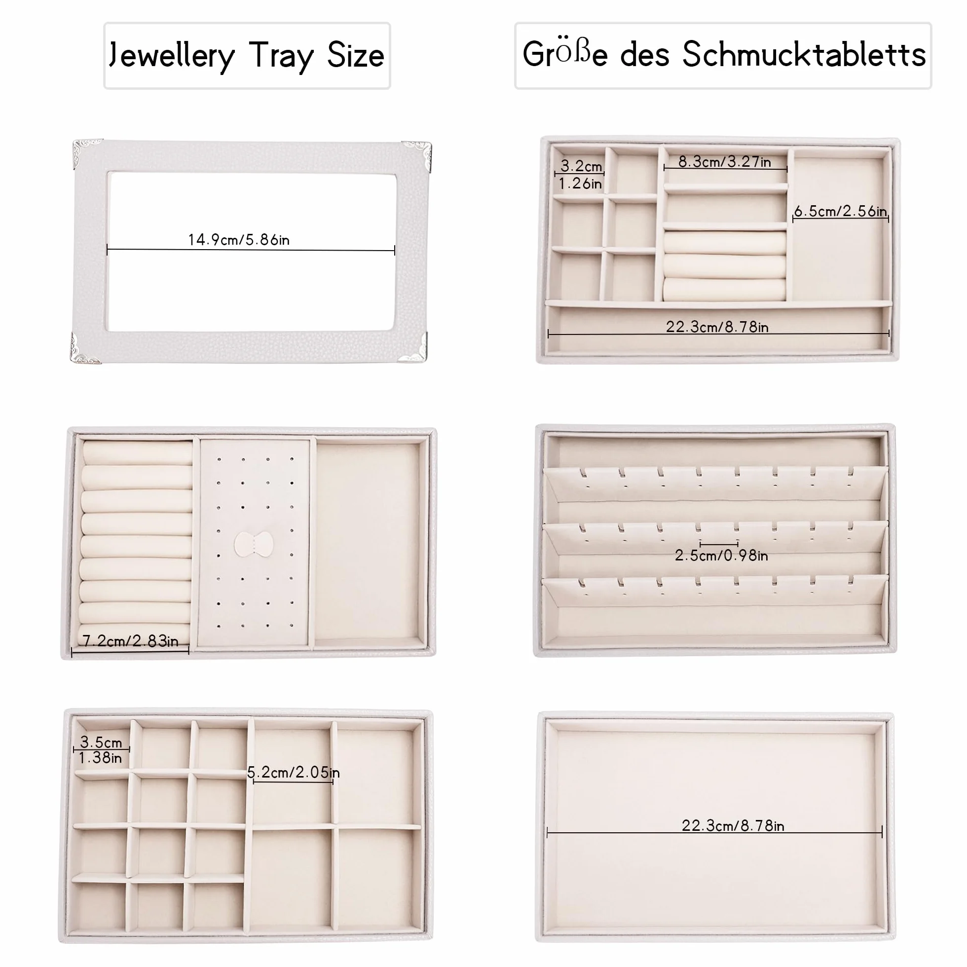 Bandeja organizadora de joyas apilable de 5 capas con tapa transparente, bandeja de exhibición de joyas para cajón, joyero grande para tocador (gris claro, Cinco capas de tapa de separación)