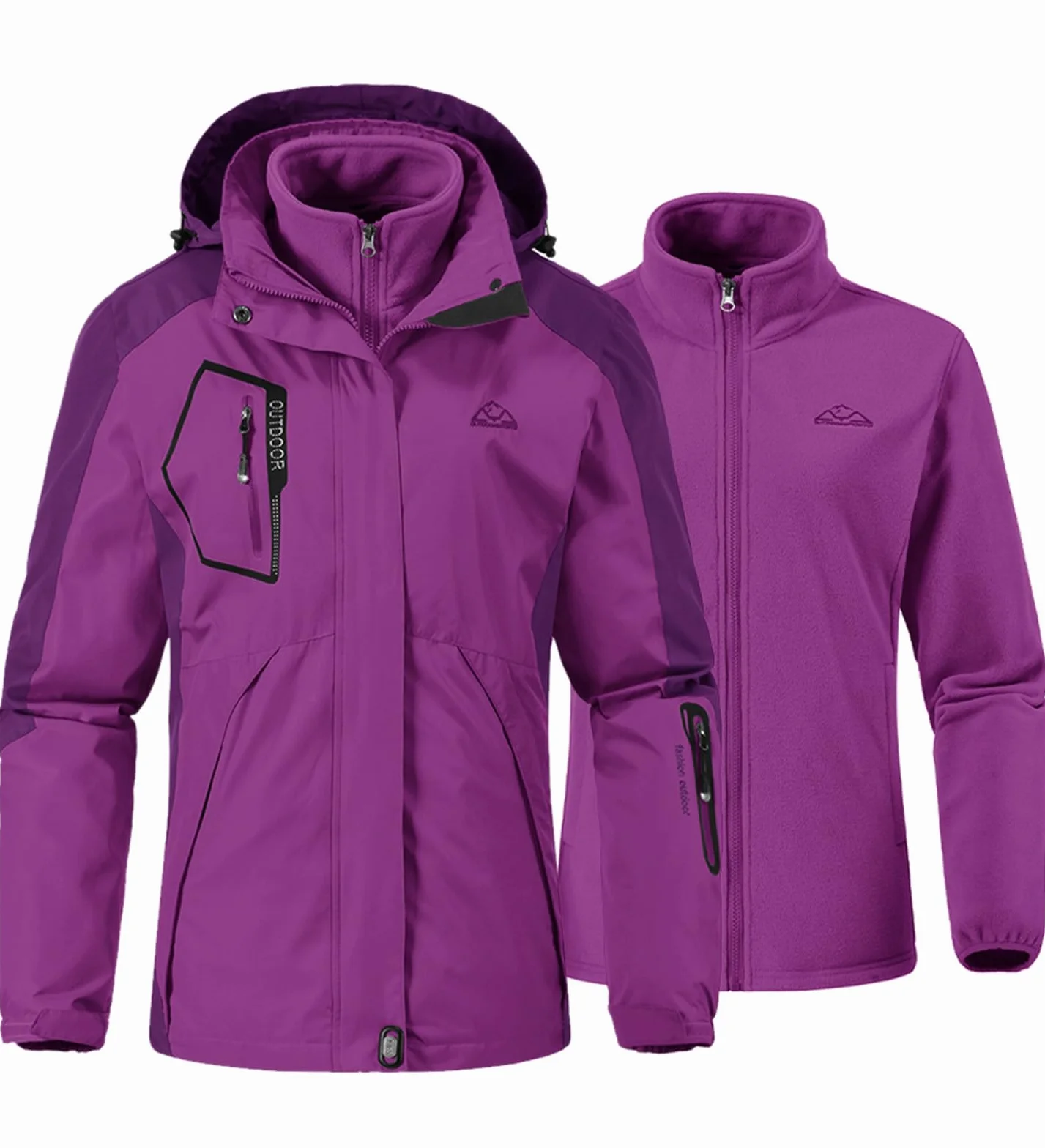 YSENTO Chaqueta de esquí 3 en 1 para mujer, chaqueta de forro polar, impermeable, resistente al viento, cálida y funcional, para exteriores, con capucha desmontable