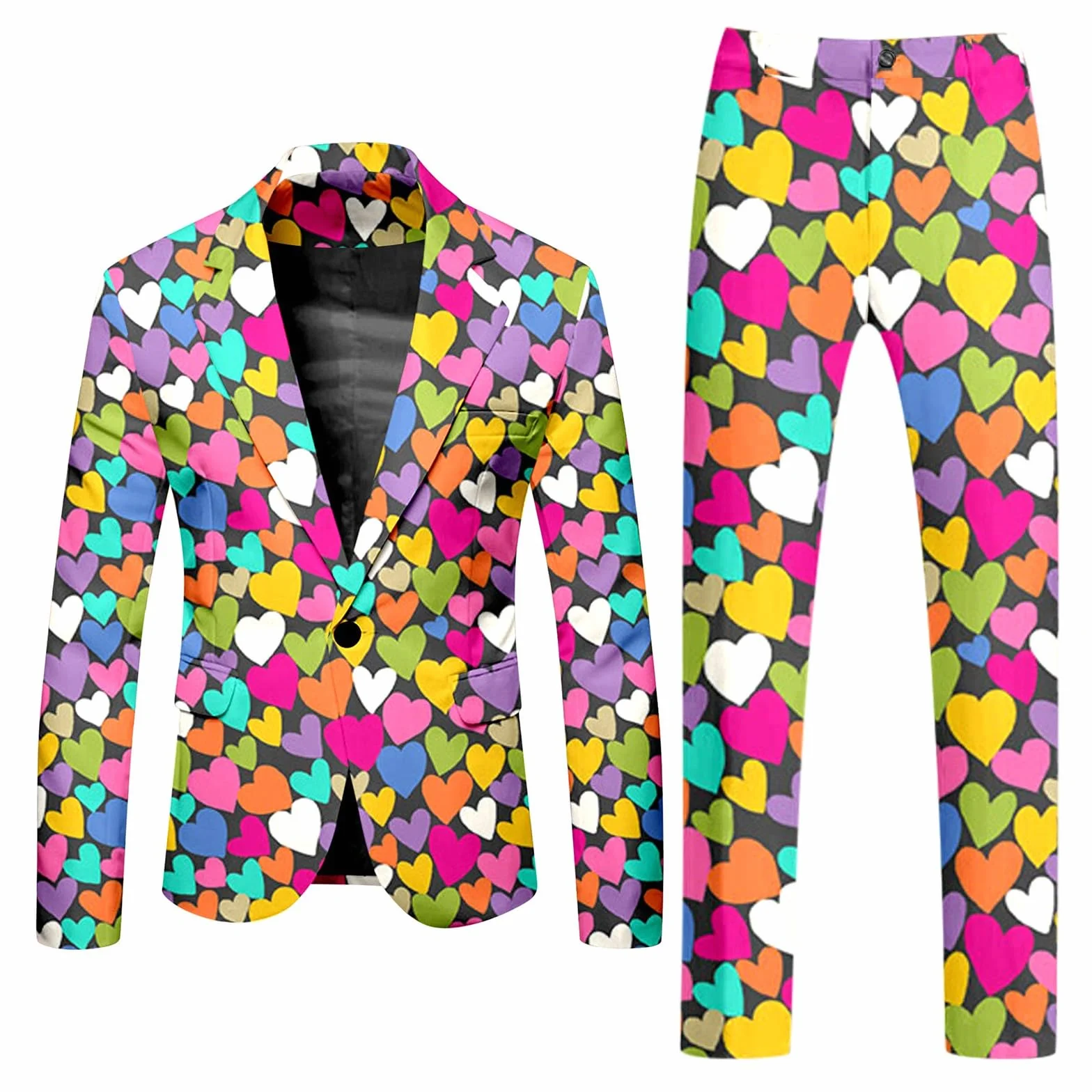 2026 Traje de San Valentín para hombre de manga larga, abrigo y pantalón, traje de dos piezas, botón estampado y múltiples bolsillos, traje para eventos de fiesta navideños