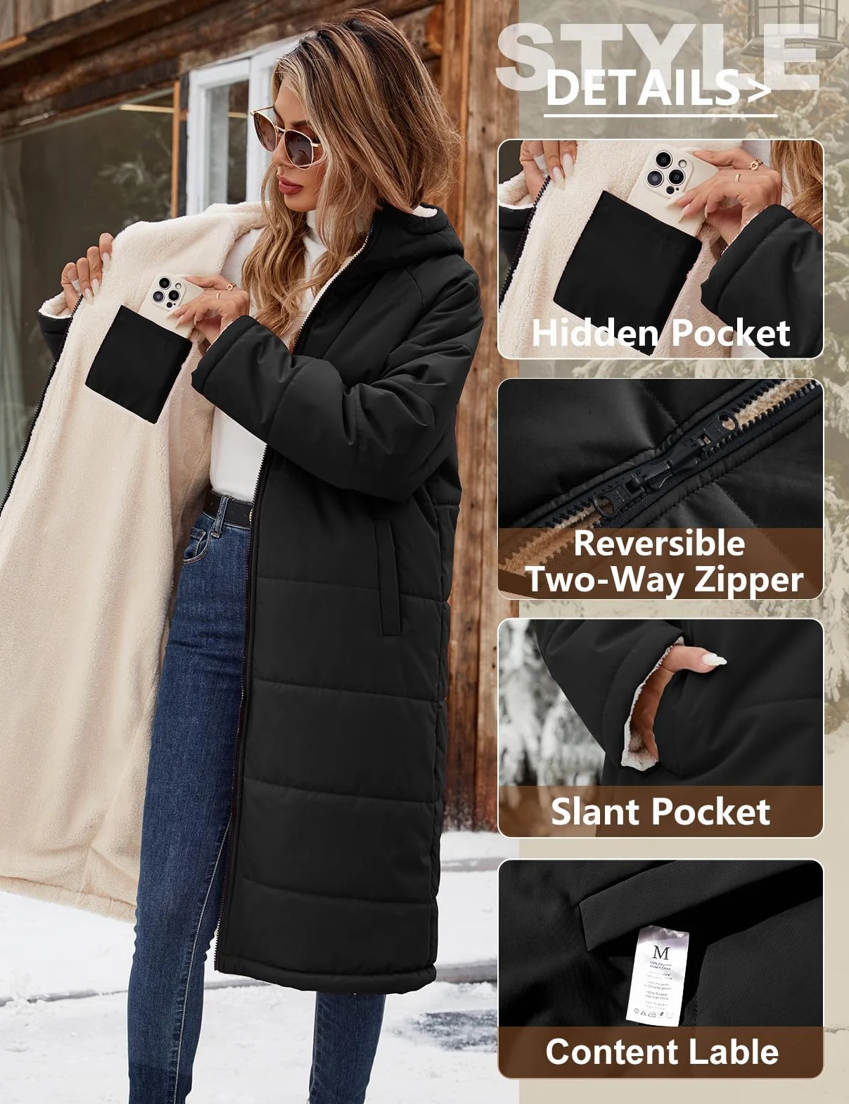 Tuopuda Chaqueta con Capucha Gruesa de Abrigo Largo de Invierno para Mujer Reversible Abrigo de Forro Polar con Cremallera y Bolsillos