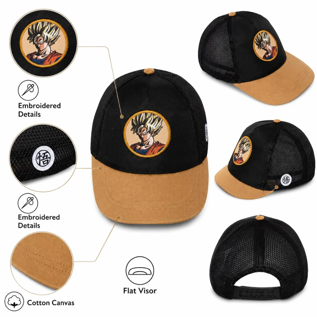 Gorra Dragon Ball Z para Niño y Juvenil, Gorra Infantil de Visera con Rejilla, Negra y Marrón, Bordados Frontal y Lateral, Talla Única 51-54 Centimetros