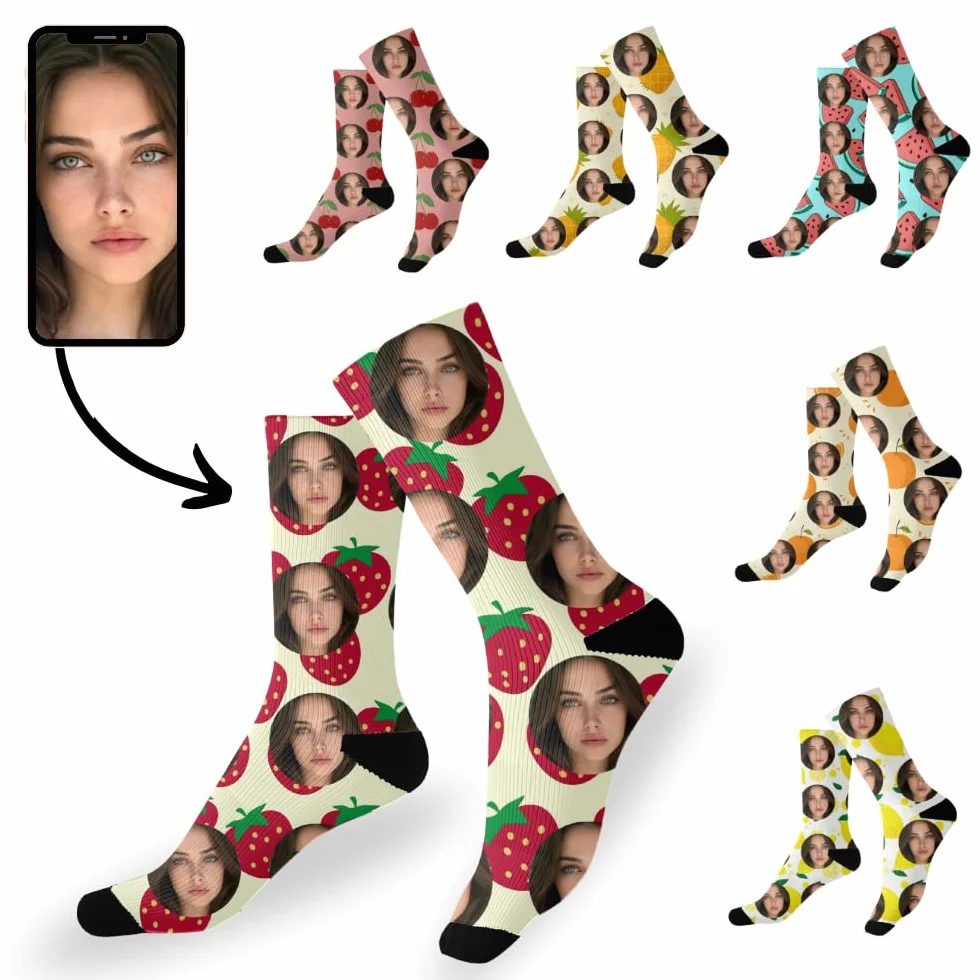 Calcetines Personalizados - Sube hasta 4 fotos - Estilo Divertido de Frutas , Regalo Original para Hombre o Mujer - Diseños Coloridos y Graciosos - Perfectos para Cualquier Ocasión - Talla Unica