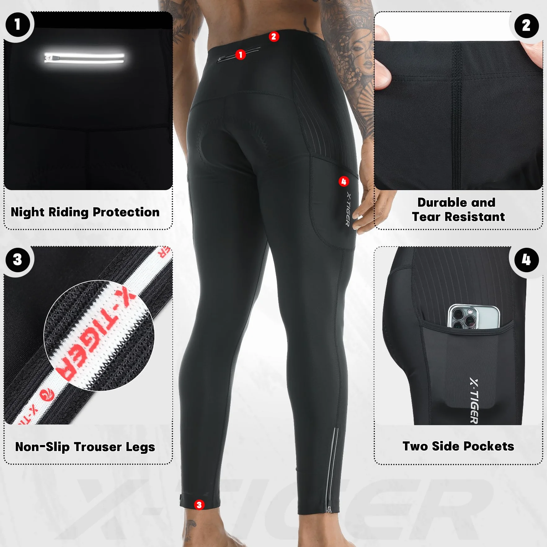 X-TIGER Culotte Ciclismo Hombre Largo con 5D Gel Acolchado MTB Ciclismo Pantalones Largo Transpirable Secado Rápido con 3 Bolsillos