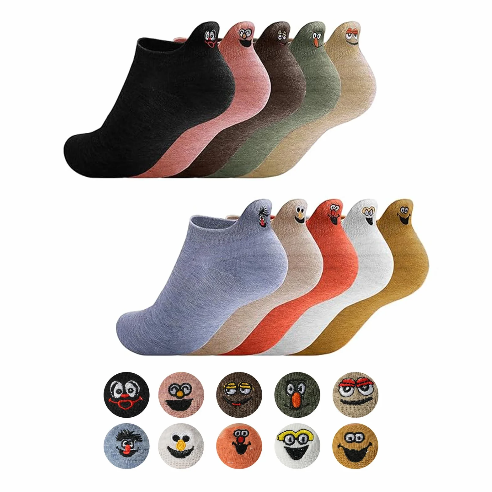 10 Pares Calcetines Tobilleros Mujer, Unisexo Calcetines Divertidos, Calcetines Sonrisa, Cómodo Dibujos Animados Bordados Divertidos Calcetines, 36-42 EU