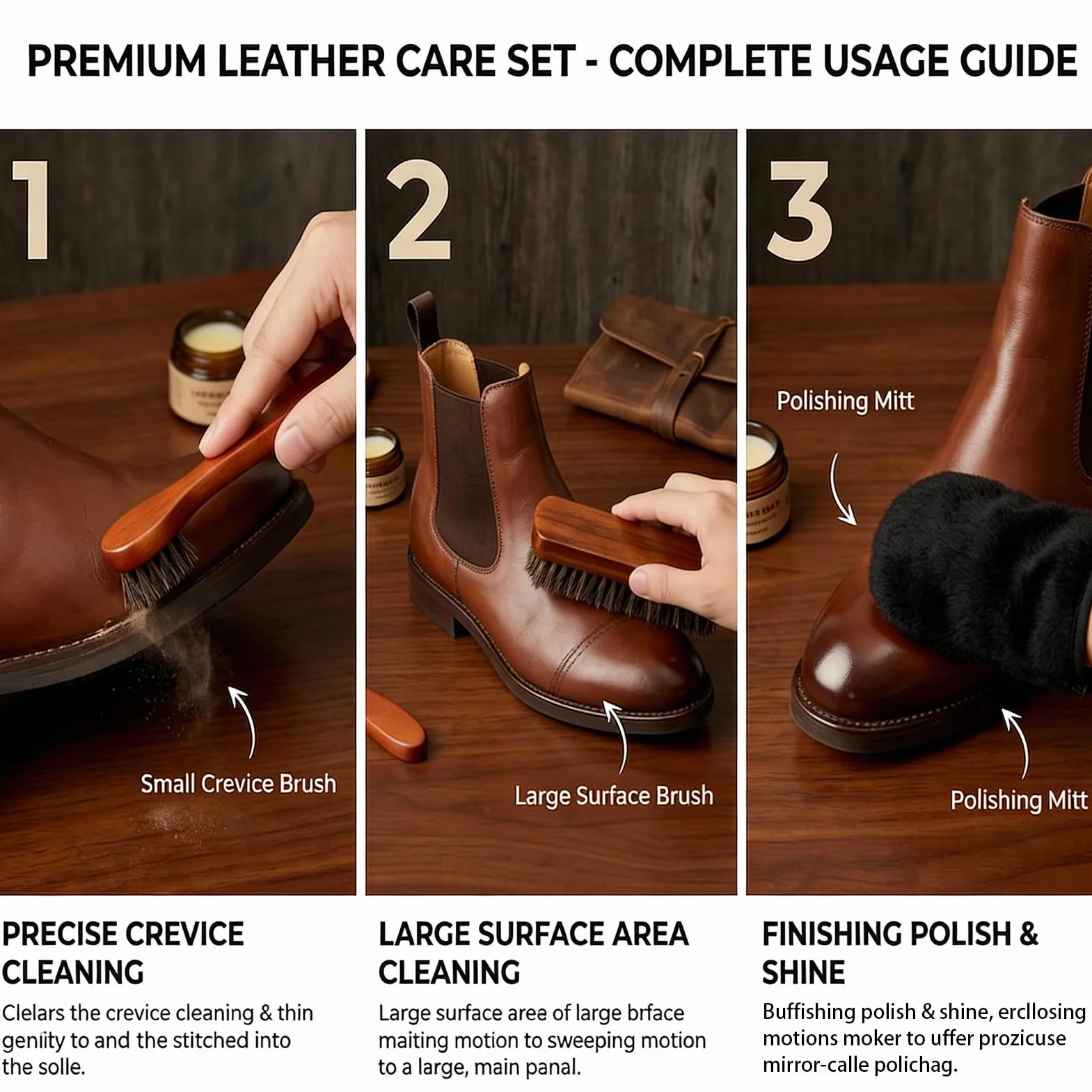 Kit Cuidado del Cuero 3 Piezas - Cepillos de Crin de Caballo Natural y Guante de Pulido - Set de Limpieza y Brillo para Zapatos, Botas, Bolsos y Asientos de Coche