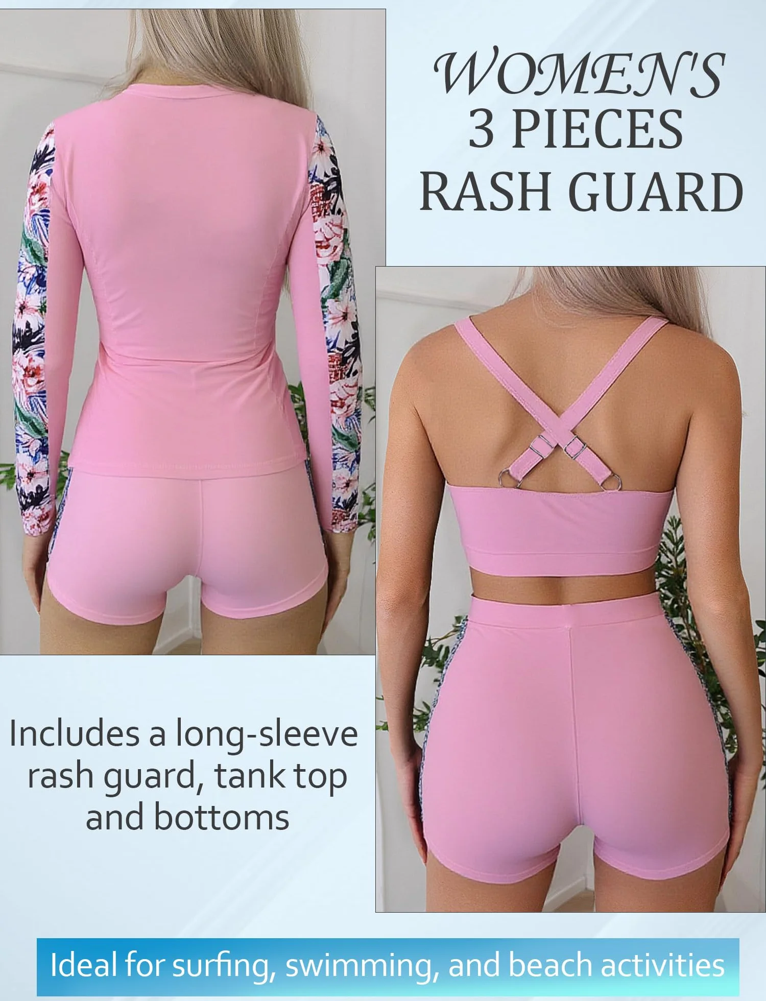 Rashguard - Conjunto de camiseta de surf para mujer, con tankini + pantalones cortos S-XXL