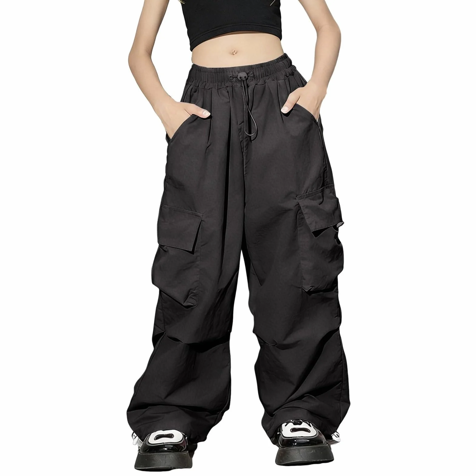 Pantalones cargo plisados para niñas, cintura elástica, rectos, holgados, de pierna ancha, pantalones deportivos para adolescentes
