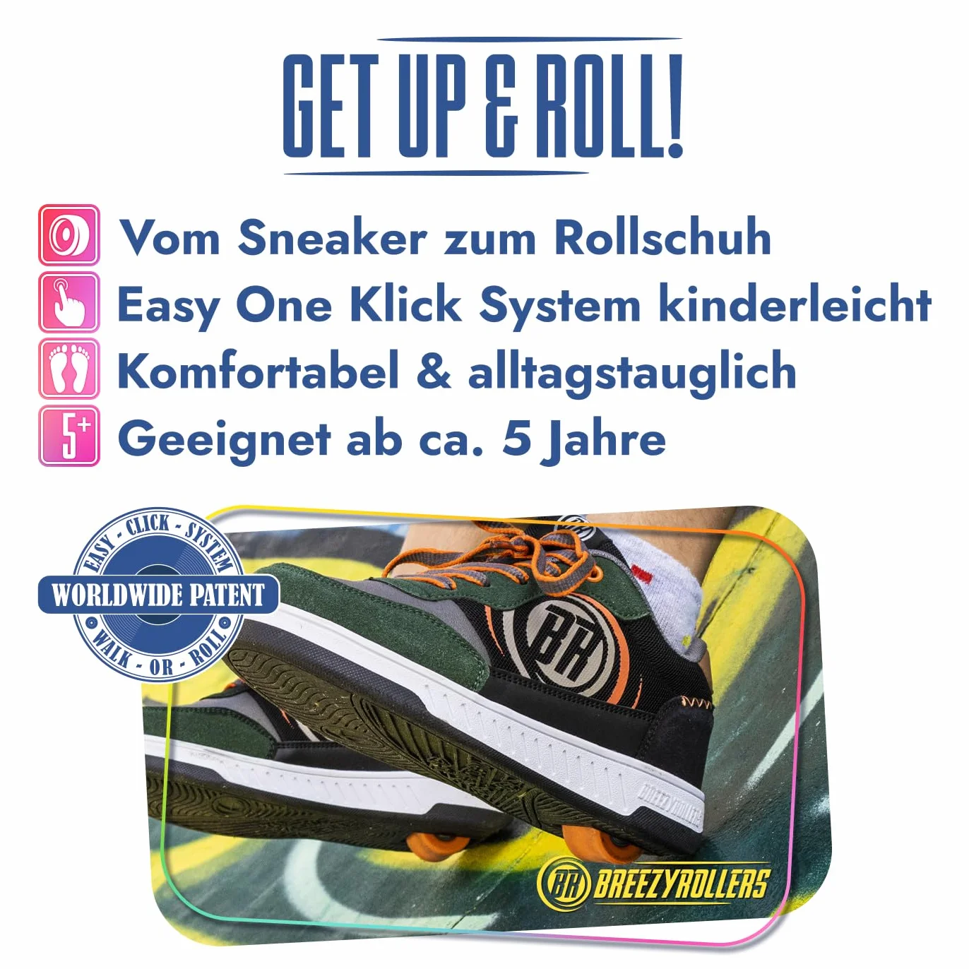 BREEZY ROLLERS Zapatos con ruedas para niños I Zapatillas de patinaje para niños I Desde zapatos de calle para niños hasta patines en pocos segundos. Sistema de clic patentado. Zapatillas con ruedas