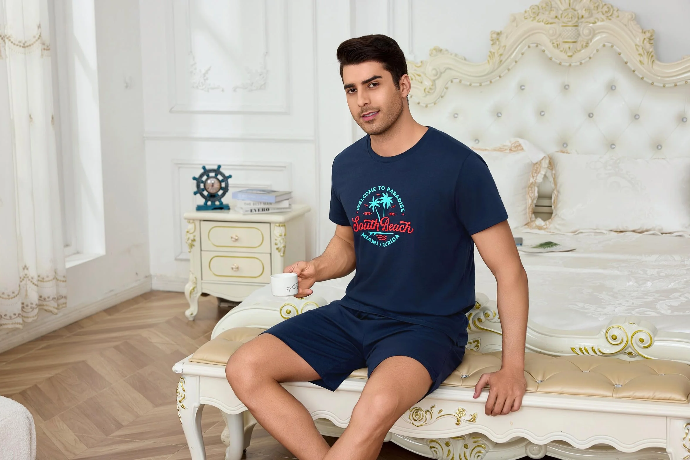 Bresdk Pijama Hombre Verano Corto Cuello Redondo Pijamas Algodón Estampado de Letras Camiseta Manga Corta y Pantalones Cortos 2 Piezas
