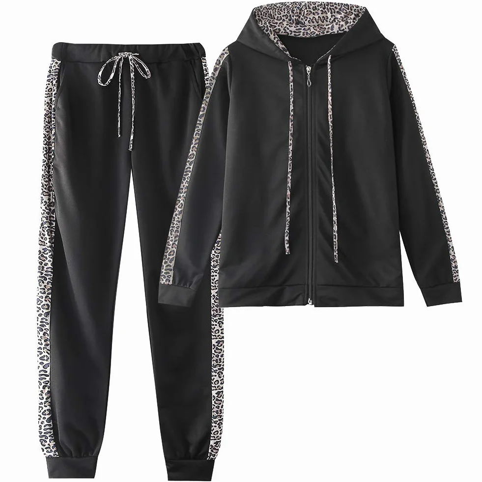 amropi Mujer Leopardo Conjunto de Ropa Chandal con Capucha Tops y Pantalones Deportivos Señoras 2 Piezas Set
