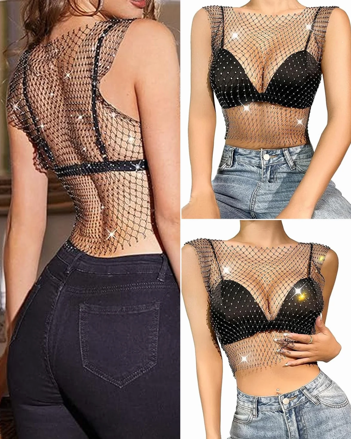 1 pieza de malla de diamantes de imitación Sheer Top, Sparkling Mesh Hollow Out Fishnet Vest Festive Fancy Dress Dance Party Rave Costume para mujeres y niñas