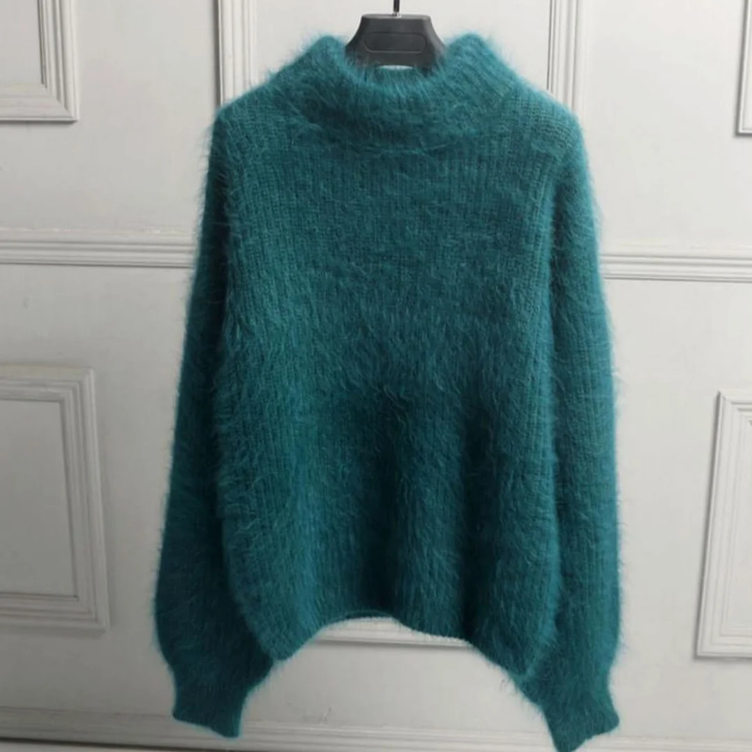 Suéter cálido y suelto de mezcla de cachemira Angora para mujer, suéter de punto de cuello redondo de color sólido