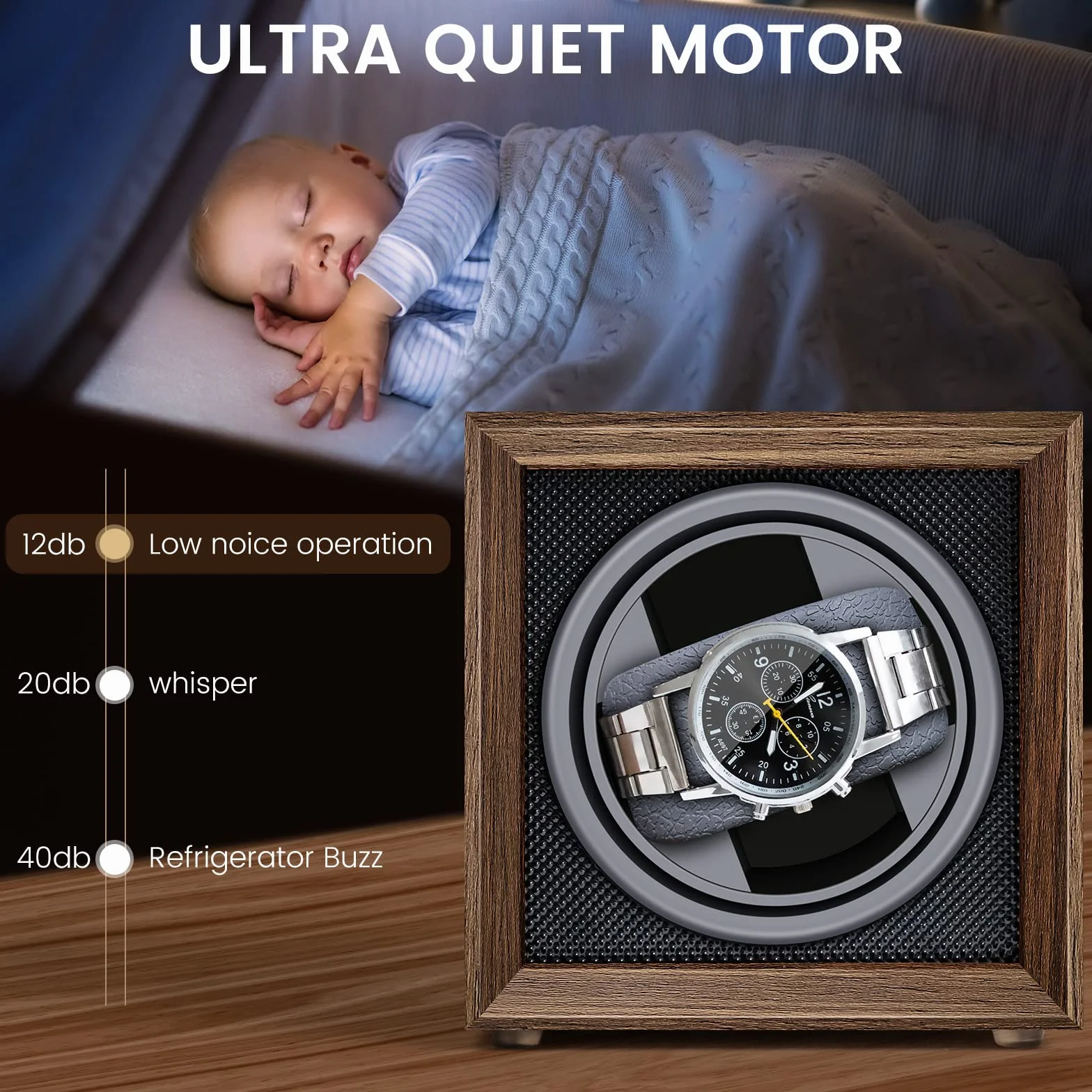 Automatic Watch Winder, Watch Winder Box Single Watch Winders for 1 Watches Self Winding Watches Shaker Spinner Wooden Watch Turner Rotator Display Case with Quiet Motor Auto Watch Turner USB Powered