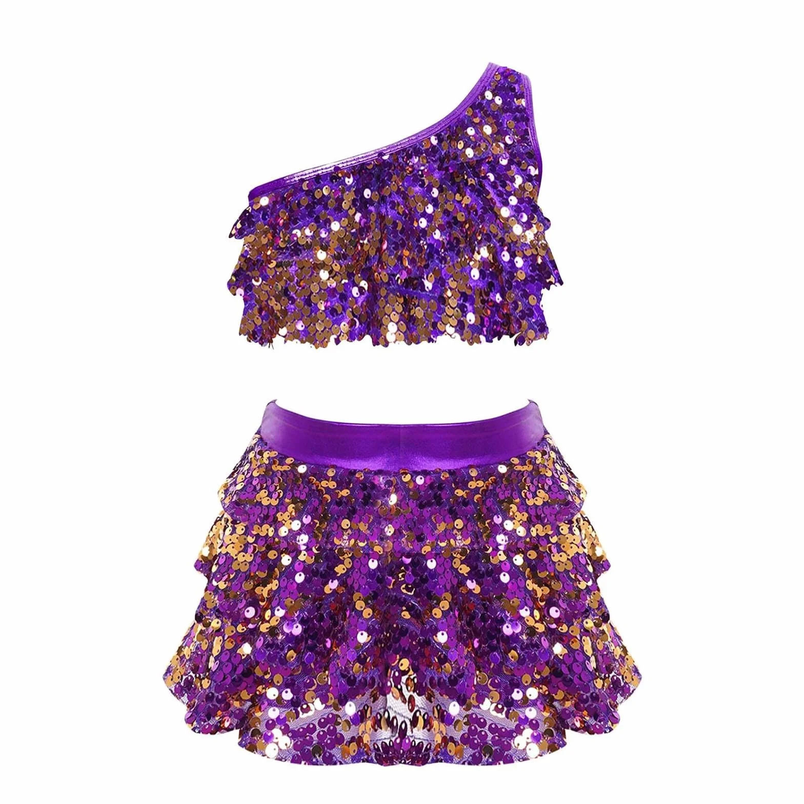 Traje de baile para niña, dos piezas, con lentejuelas, elástico, ajuste cómodo, falda superior para fiestas de baile