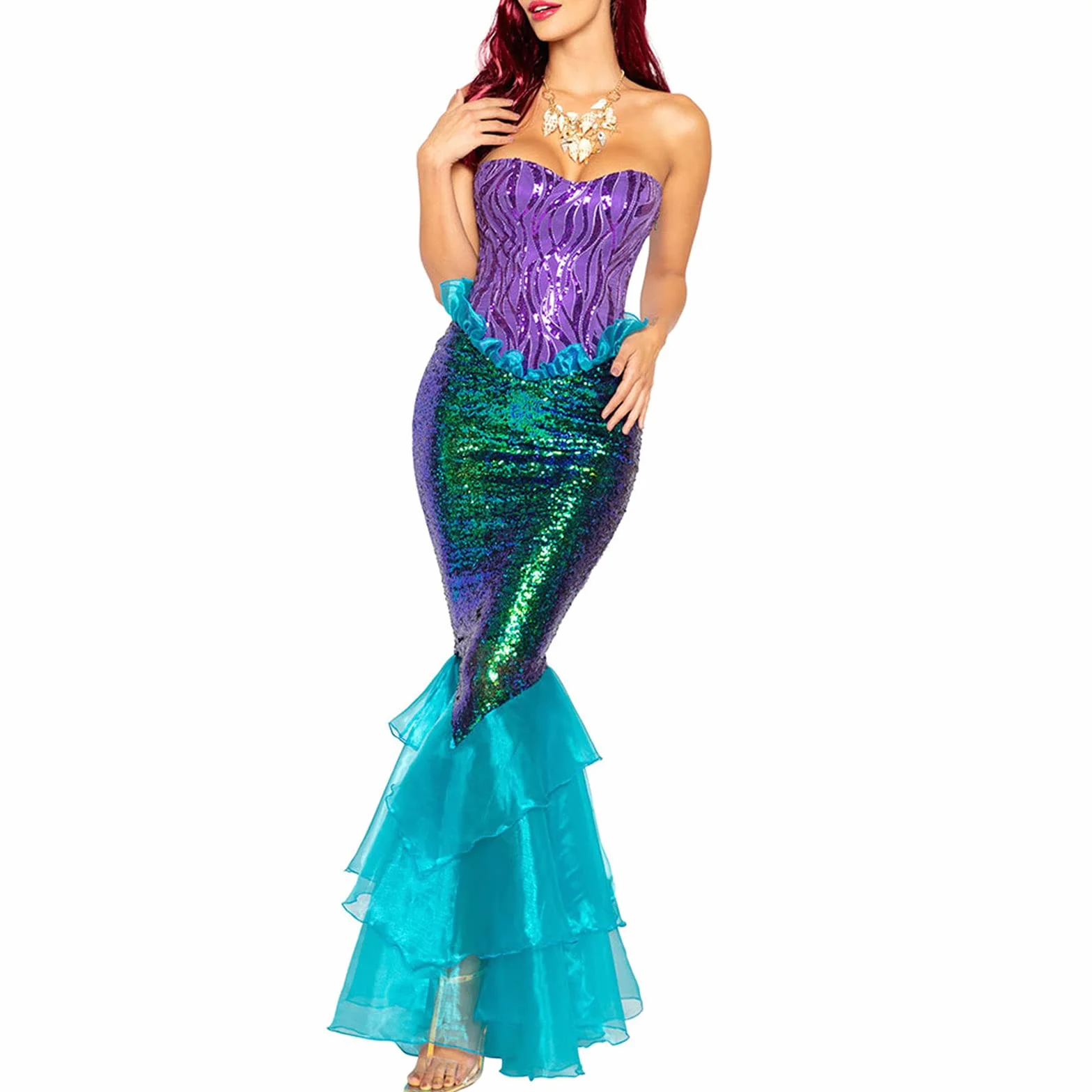 Vestido de sirena para mujer sin mangas ajustado largo disfraz Halloween cola de sirena adulto A-azul