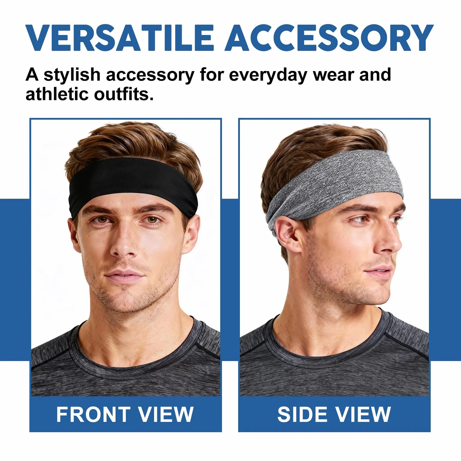 Sularpek Cinta Pelo Deporte 2 Piezas, Diadema Elástica Absorbente para Hombre y Mujer, Banda Antisudor para Running, Gimnasio, Yoga, Ciclismo, Incluye Negro y Gris