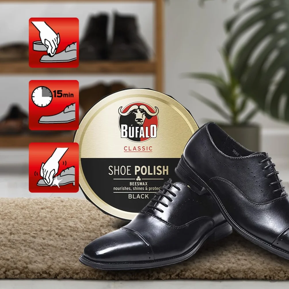 Bufalo Classic Shoe Polish, Betuna for Shoes, Care of Shoes, Cream Black, Protects and Gives Shine, Ideal for Smooth and Rustic Skin, 75 ml Tin