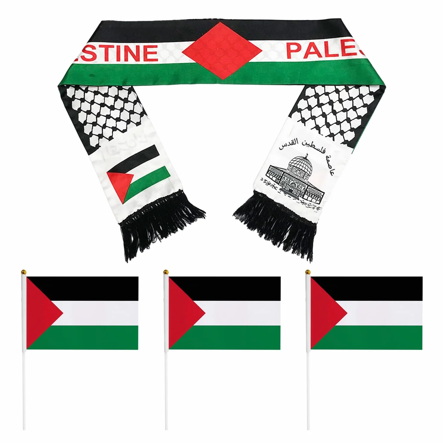 1 Bufanda Palestina Y 3 Banderas Palestinas Ondeadas A Mano. Muestre Su Apoyo A La Liberación Y La Paz Palestinas Con Bufandas Palestinas Y Mini Banderas.