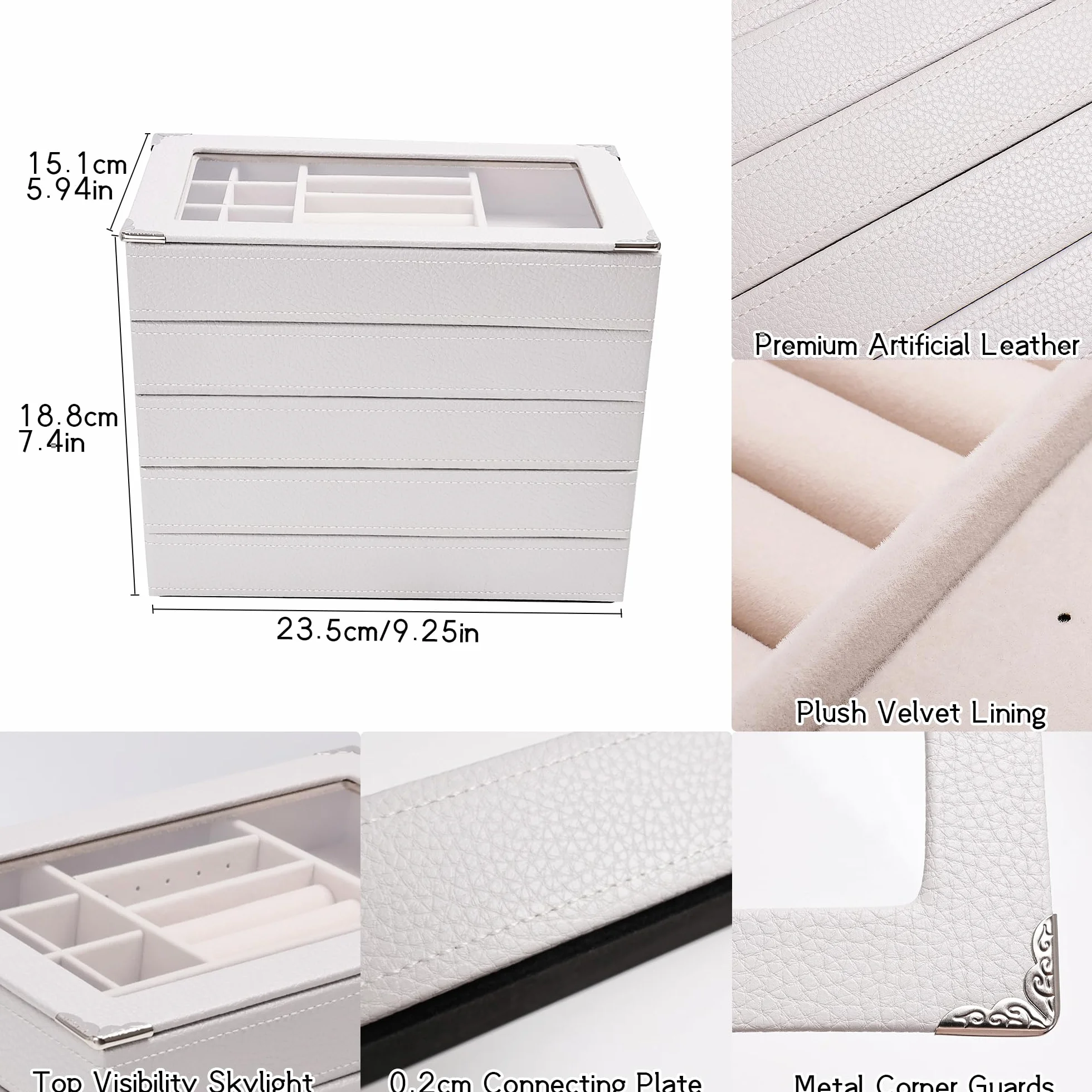 Bandeja organizadora de joyas apilable de 5 capas con tapa transparente, bandeja de exhibición de joyas para cajón, joyero grande para tocador (gris claro, Cinco capas de tapa de separación)
