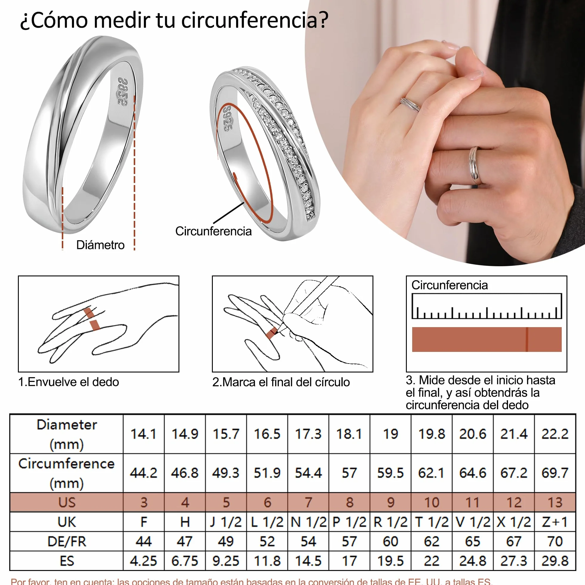 Meissa Anillo de pareja plata 925 Anillo de compromiso Anillos ajustables Joyería de boda hecha a mano Anillos de banda tamaño 4-21,25 (Grabado)