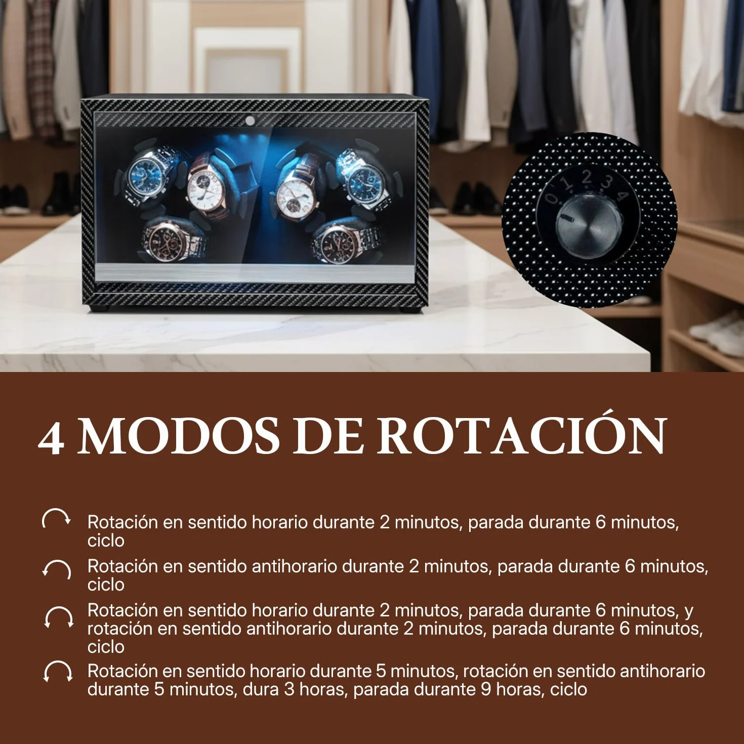 Mcbazel Enrollador Automático de Relojes para 6 Relojes con Luz LED, Motor Ultra-Silencioso Cajas Giratorias 4 Modos de Rotación, Alimentación USB DC Watch Winder de hasta 45 mm