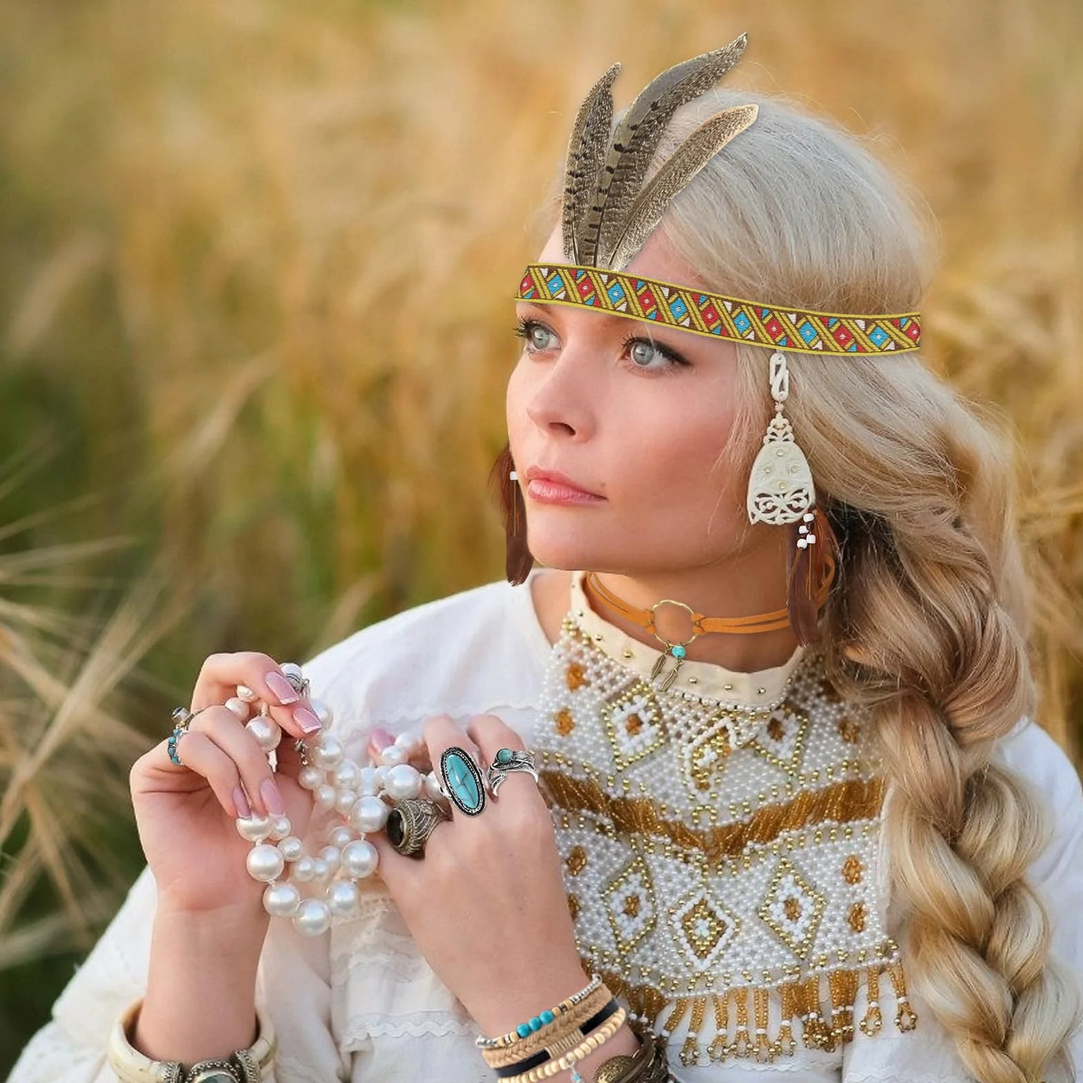 Booaee Disfraz de indio vintage boho para mujer, 12 unidades, accesorios indios, tocado indio, pluma, diadema, pendientes, collar de piel, pulsera turquesa, anillos para carnaval y más
