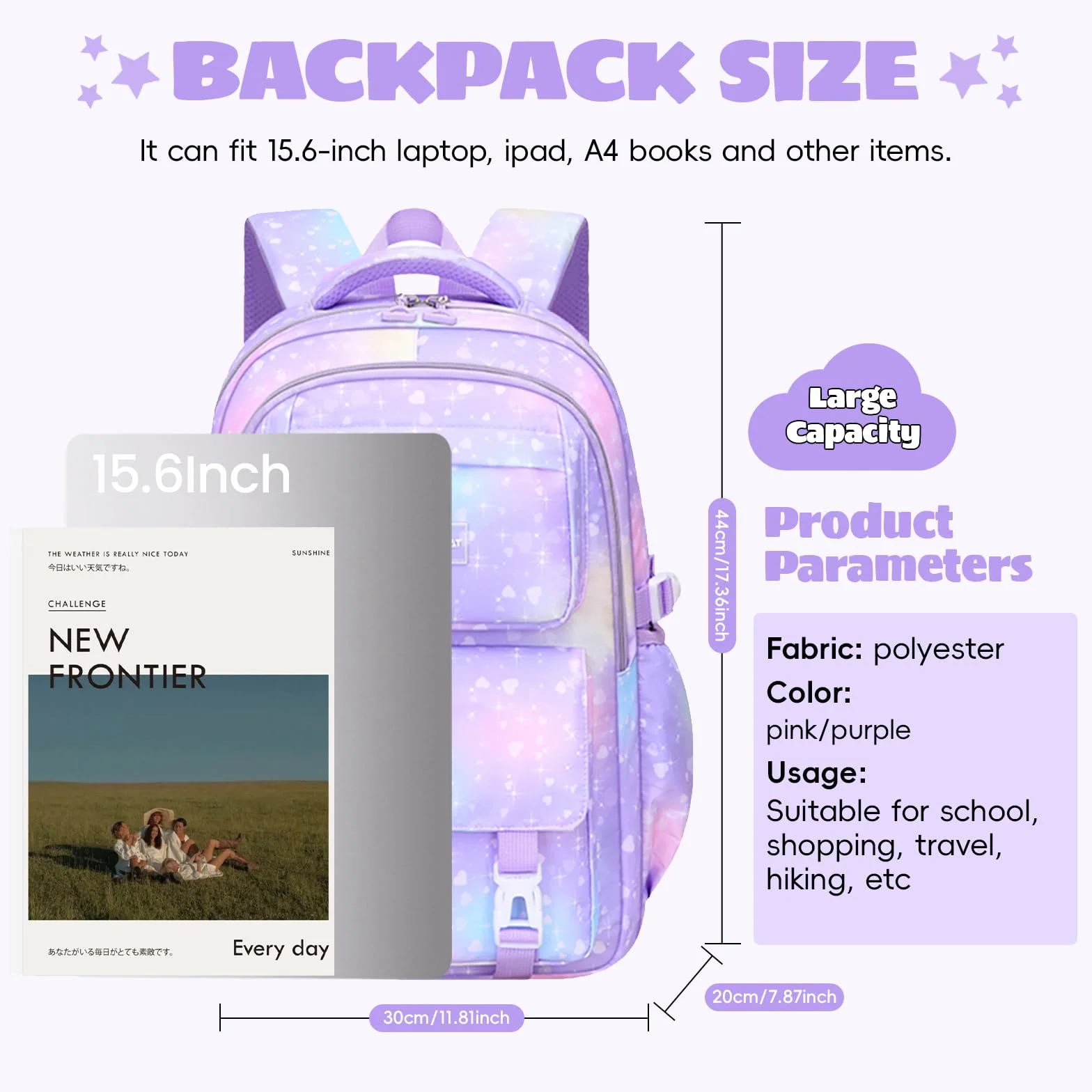 Amythe Mochila Escolar Niña Primaria 3 Piezas, Mochila para Niñas y Bolsa de Almuerzo 7 a 12 Años, Mochilas Escolares Chica Impermeable e Ligera, Morado