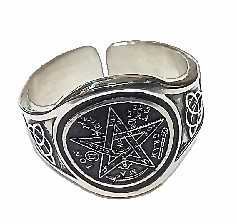 EKONAT- Anillo tetragramaton plata mujer y hombre- anillo de plata amuleto envejecido Ajustable (20/9 a 24/10.5)