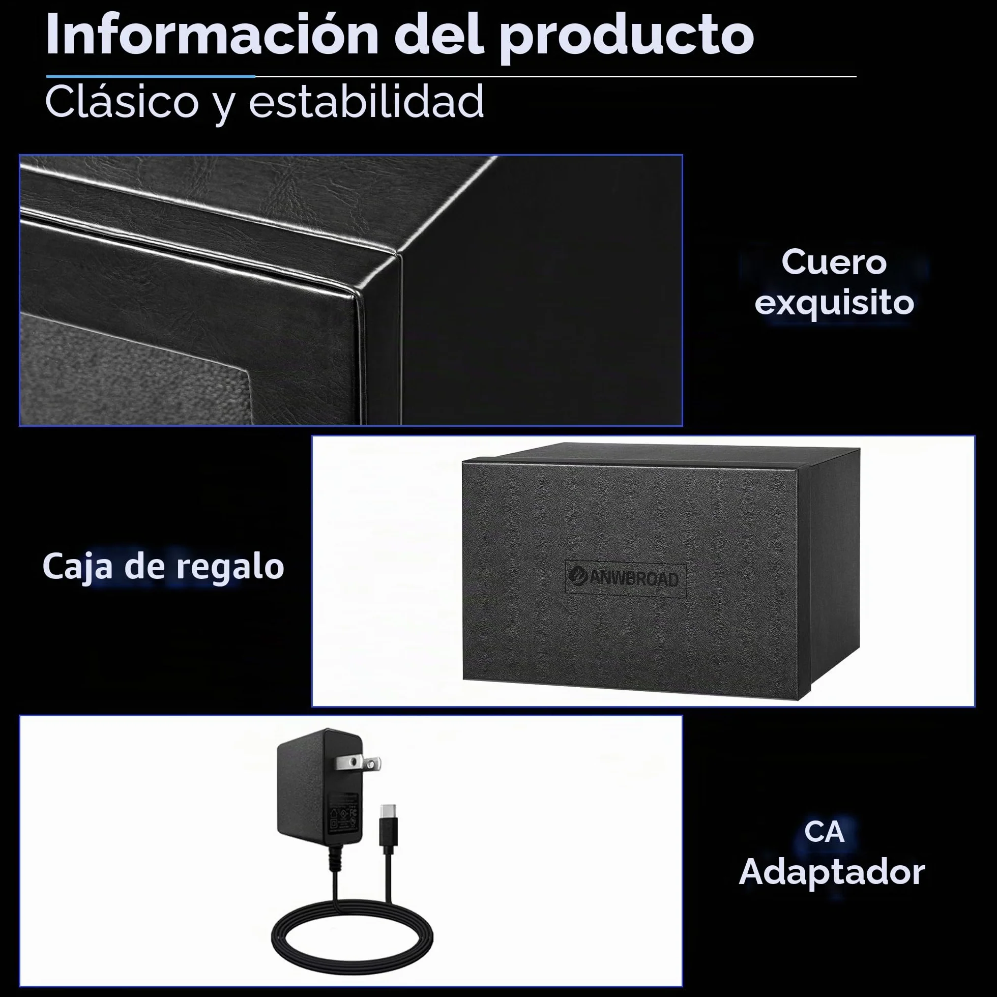 ANWBROAD Enrollador de relojes automáticos, rotador doble con LED y 4 modos, motor Mabuchi super silencioso, adaptador UJWW004B.