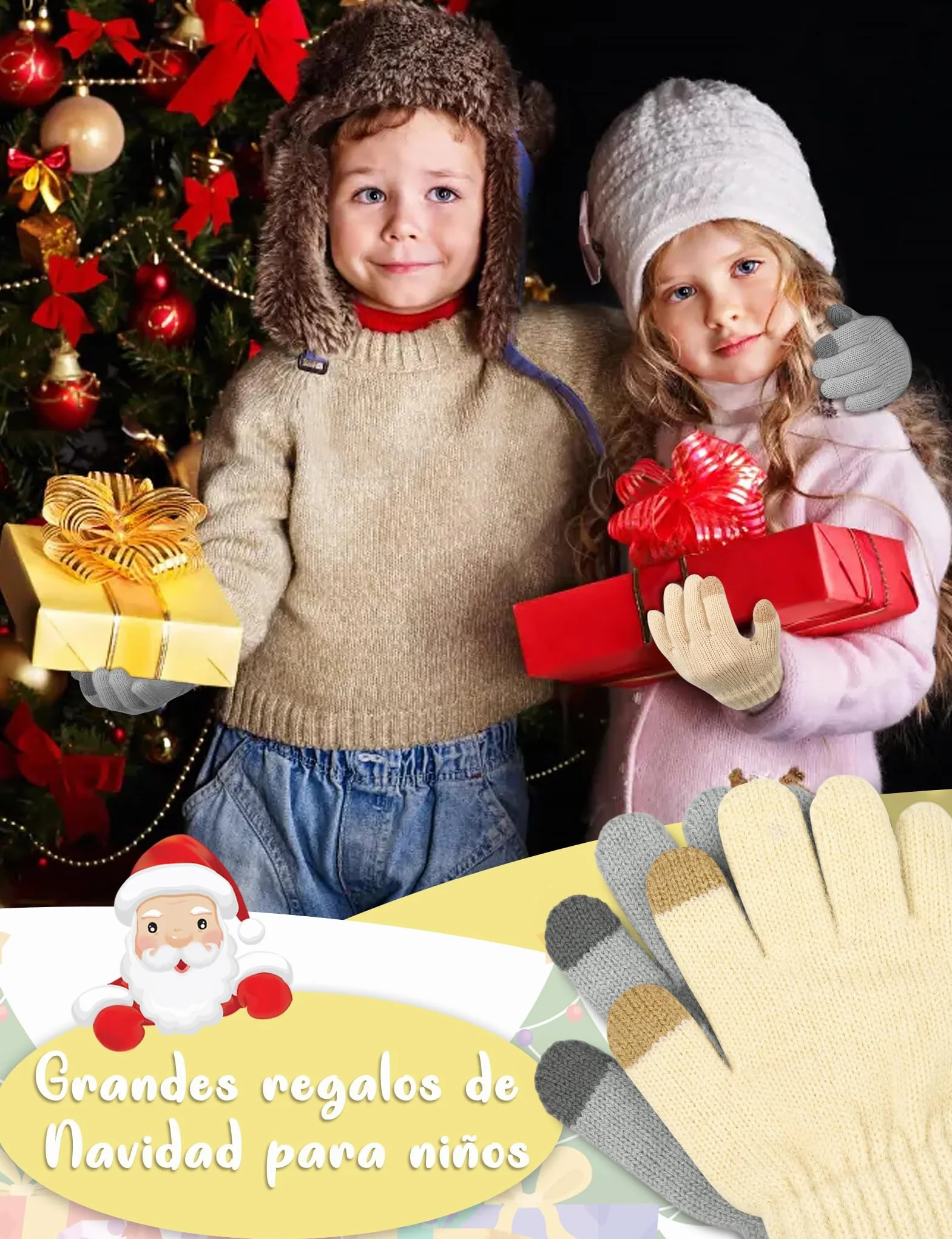 Kiiwah 2 Pares Guantes de Punto para Niños, Unisex Guantes de Dedos Completos Cálidos de Invierno, Guantes de Elásticos Mágicos de Otoño para Niños y Niñas