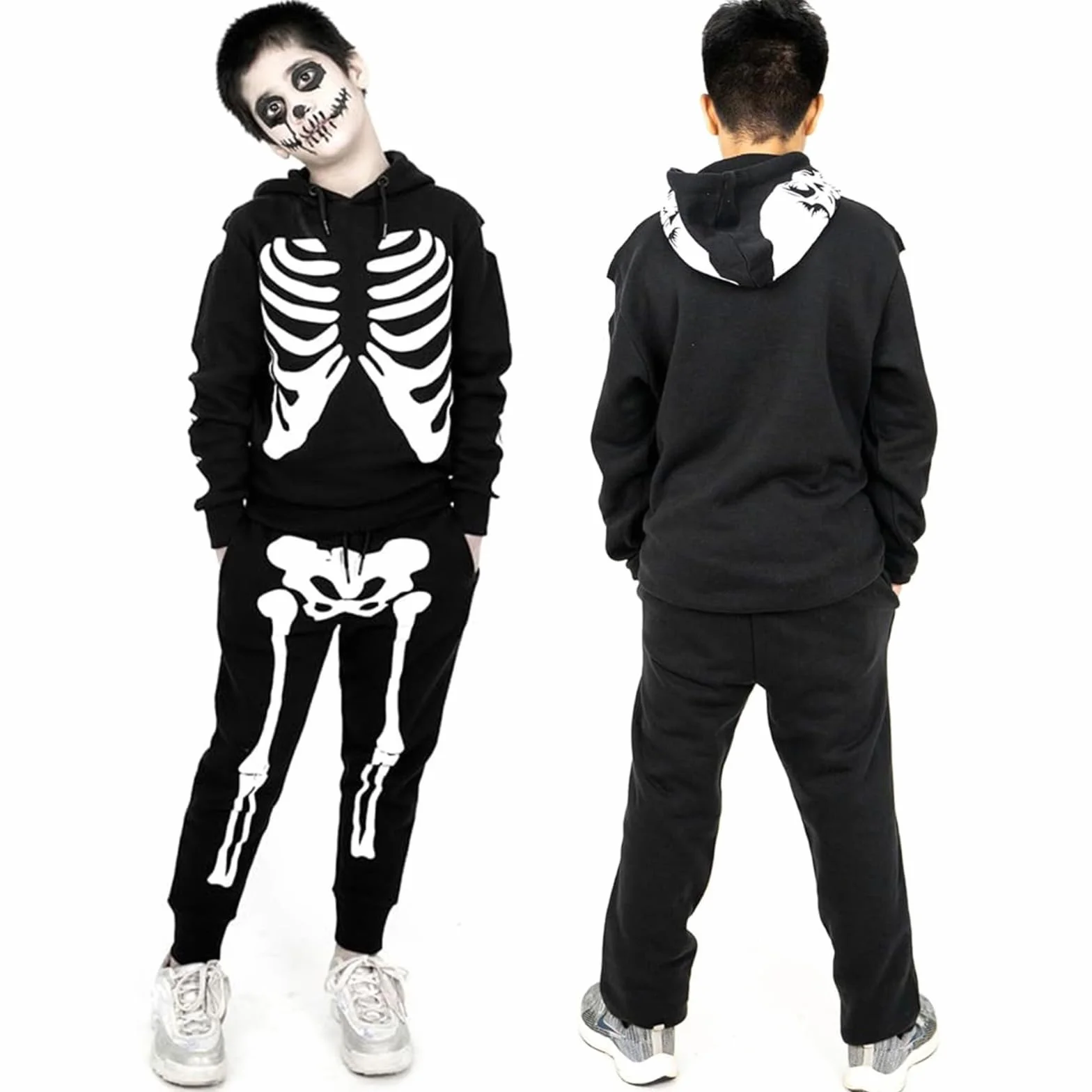 NOROZE Conjunto de chándal unisex de esqueleto de Halloween para niñas, 2 piezas, sudadera con capucha y pantalones deportivos, tallas del Reino Unido de 5 a 13 años