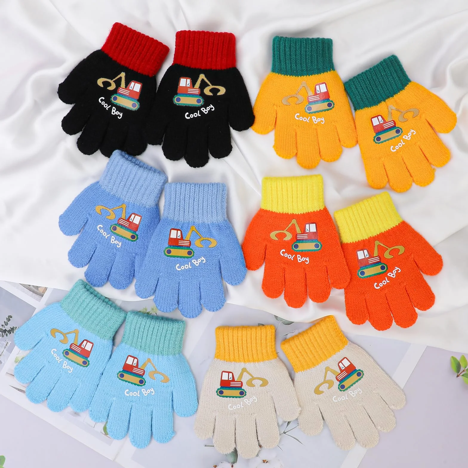 QKURT 6 Pares de Guantes de Punto para Niños Pequeños, Guantes de Invierno a Prueba de frío, Guantes Elásticos de Dedo Completo Unisex con Patrón de Excavadora para Niños de 2 a 4 Años
