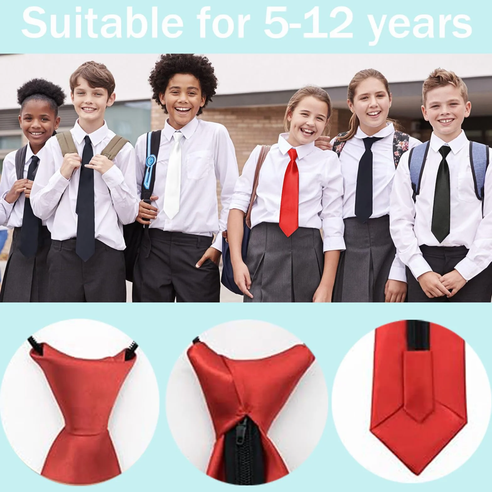 Corbata infantil preanudada de satén con cremallera ajustable 38 cm largo para niño, niña, formal, boda, celebración uniforme escolar