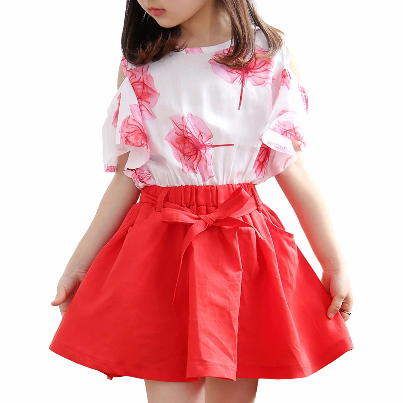 amropi Niña Floral Conjunto de Verano Camiseta de Manga Volantes y Falda 2 Piezas Ropa Set 3-12 años