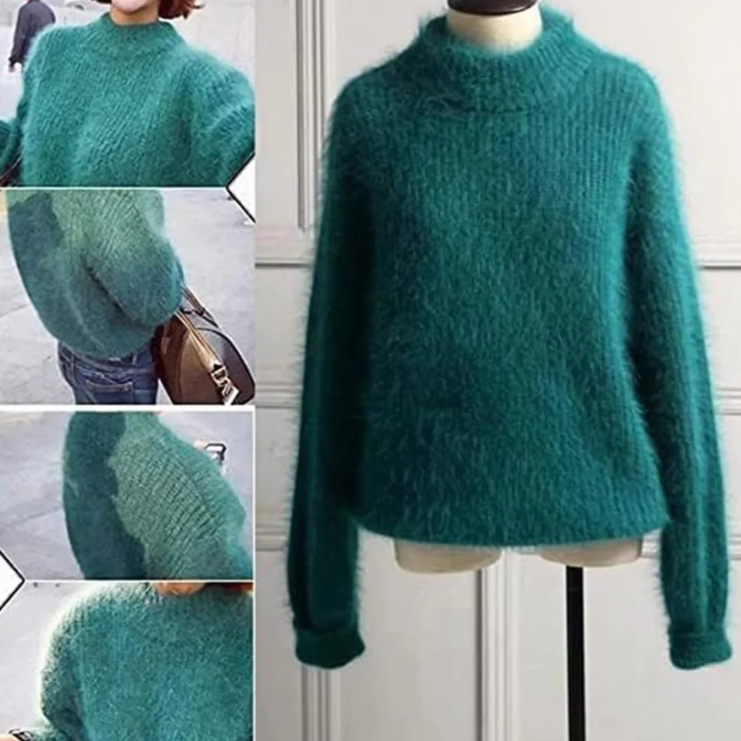 Suéter cálido y suelto de mezcla de cachemira Angora para mujer, suéter de punto de cuello redondo de color sólido