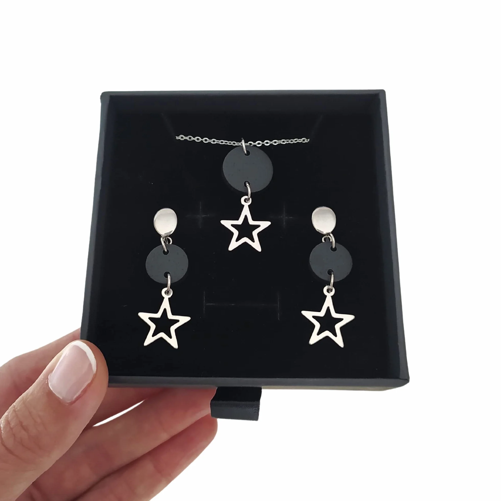 Pendientes estrella y Collar Estrella, Conjunto Estrella de collar y pendientes para mujer de acero inoxidable en color plata, Regalo original para Mujer