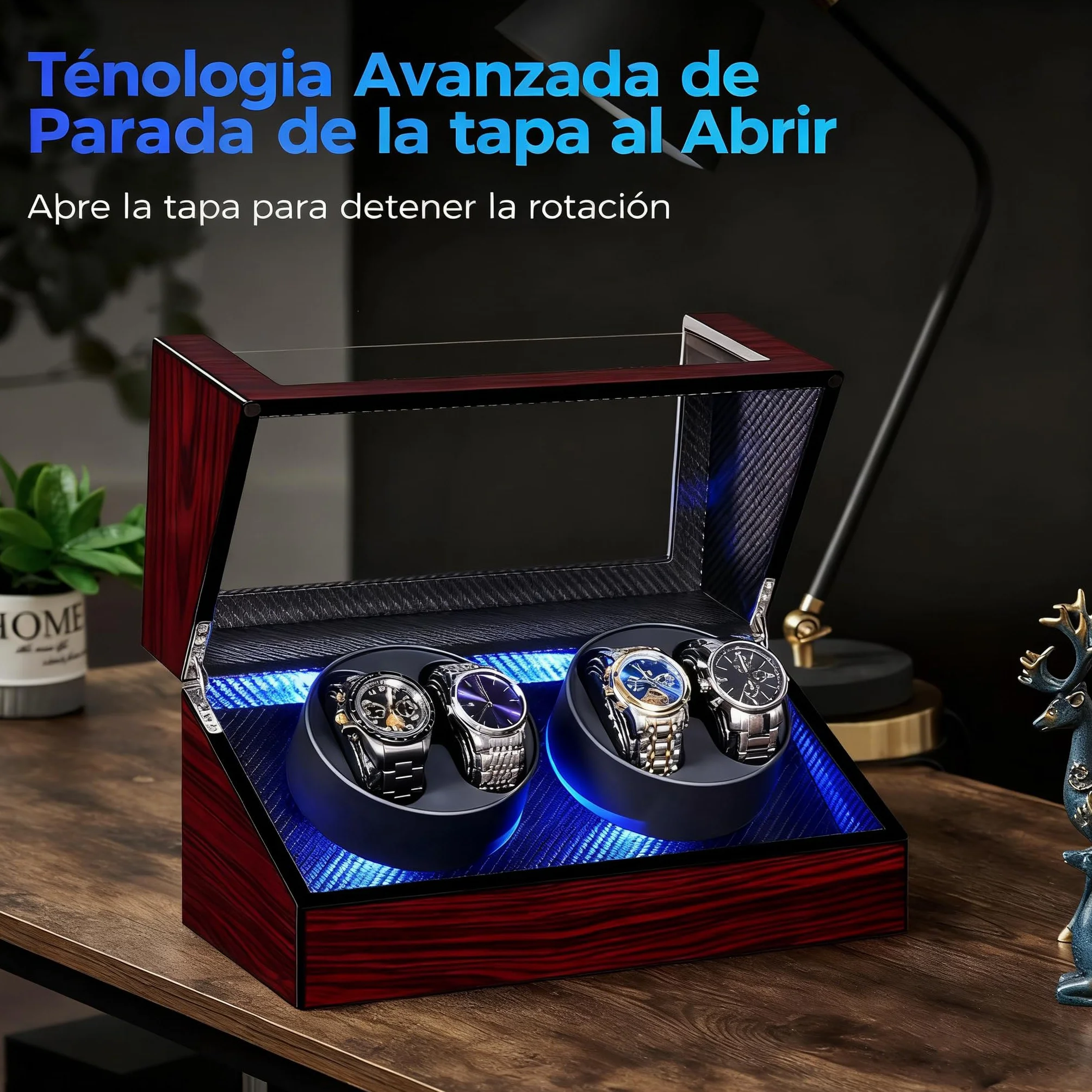 ANWBROAD Caja giratoria automática para relojes con iluminación LED, rotación automática para relojes automáticos, 4 rotadores con motor supersilencioso y 4 modos de rotación, JWW011Y