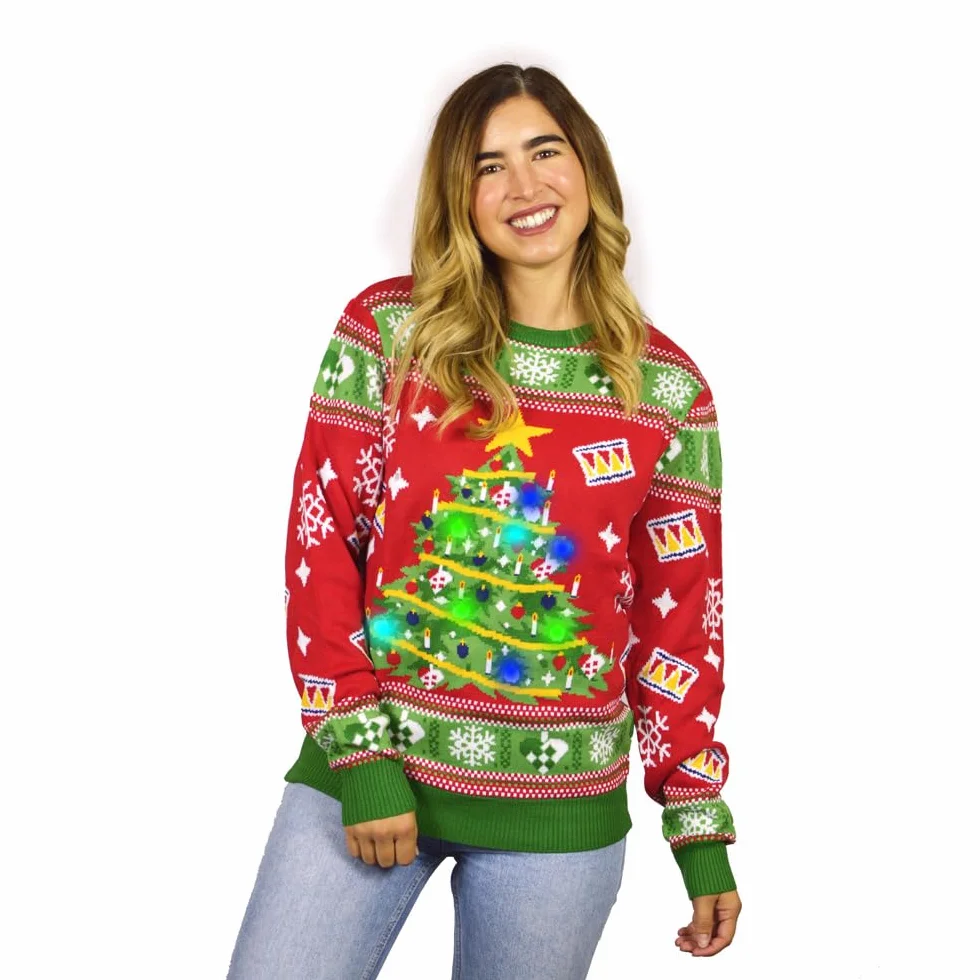 Jersey de Navidad Familia con Luces LED para Mujer, Hombre y Niños Rojo y Azul con Árbol Navidad