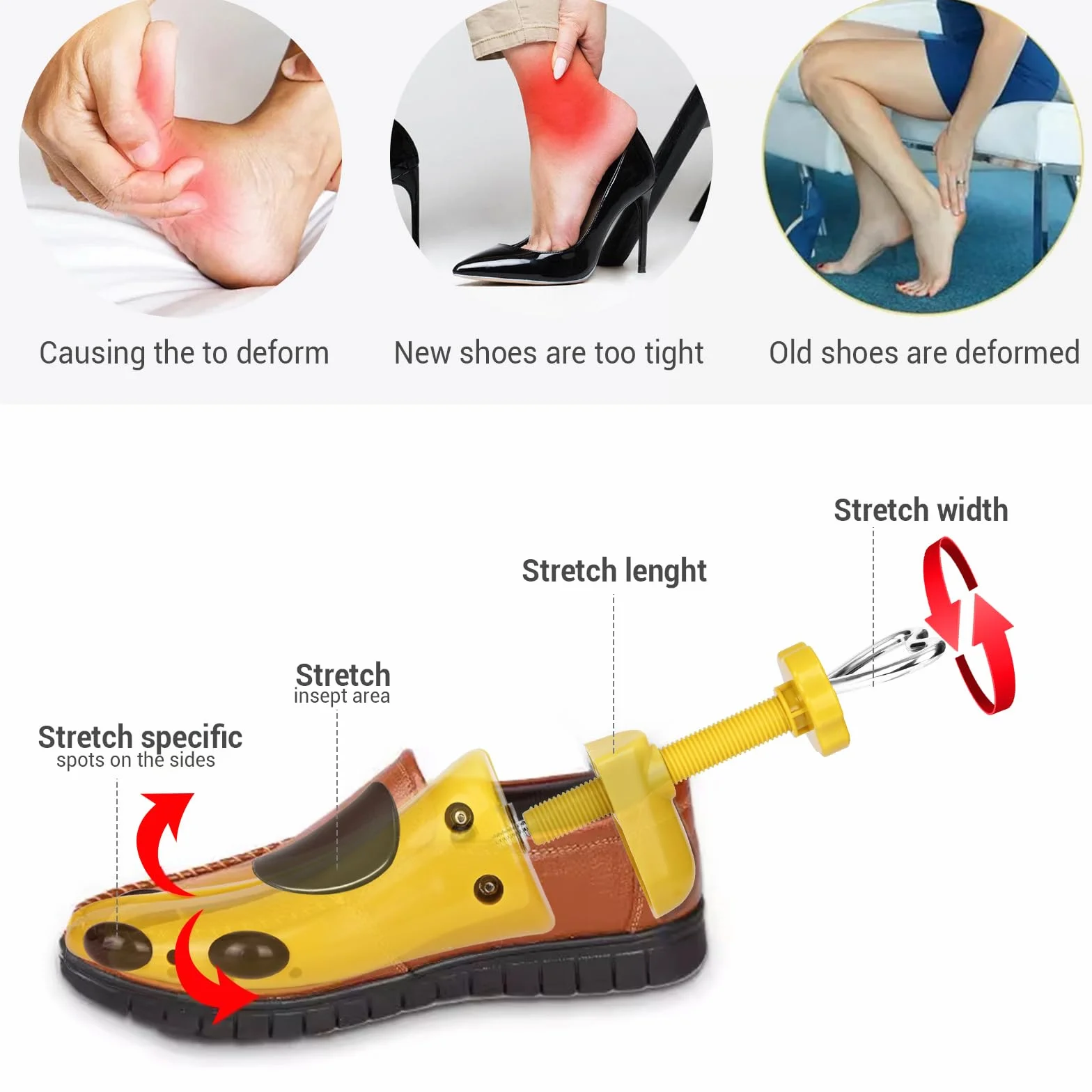 1 par de hormas de zapatos ajustables, expansores de zapatos para hombre y mujer, ancho para zapatos demasiado ajustados, zapatos nuevos, zapatillas de piel, amarillo, talla única EU40-47