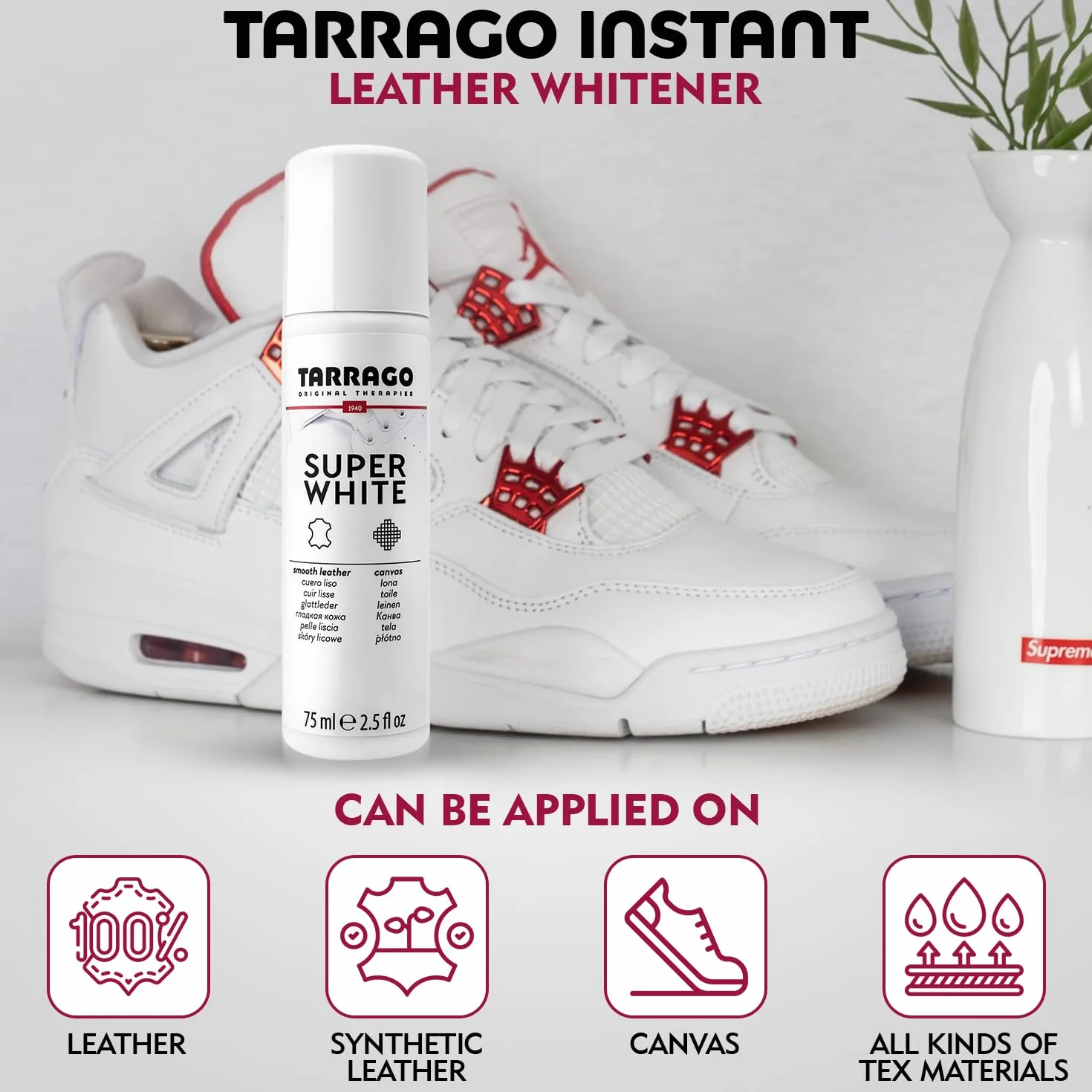 Tarrago Super White 75 ml | Blanqueador para Calzado | Apto para cualquier Superficie: Cuero, Piel Lisa, Piel Sintética y Lona | Para Zapatos y Zapatillas