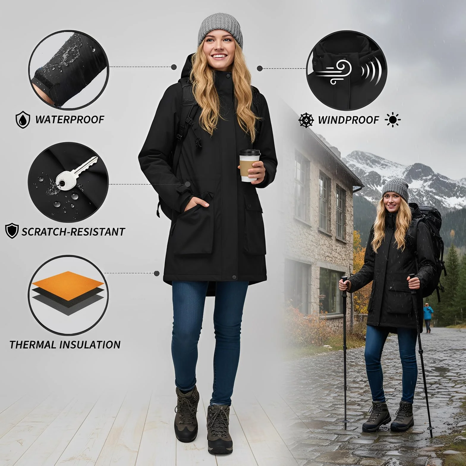 Chaqueta Impermeable Mujer Chaquetas Entretiempo Soft shell largas Abrigo Exteriores Capucha Cortavientos