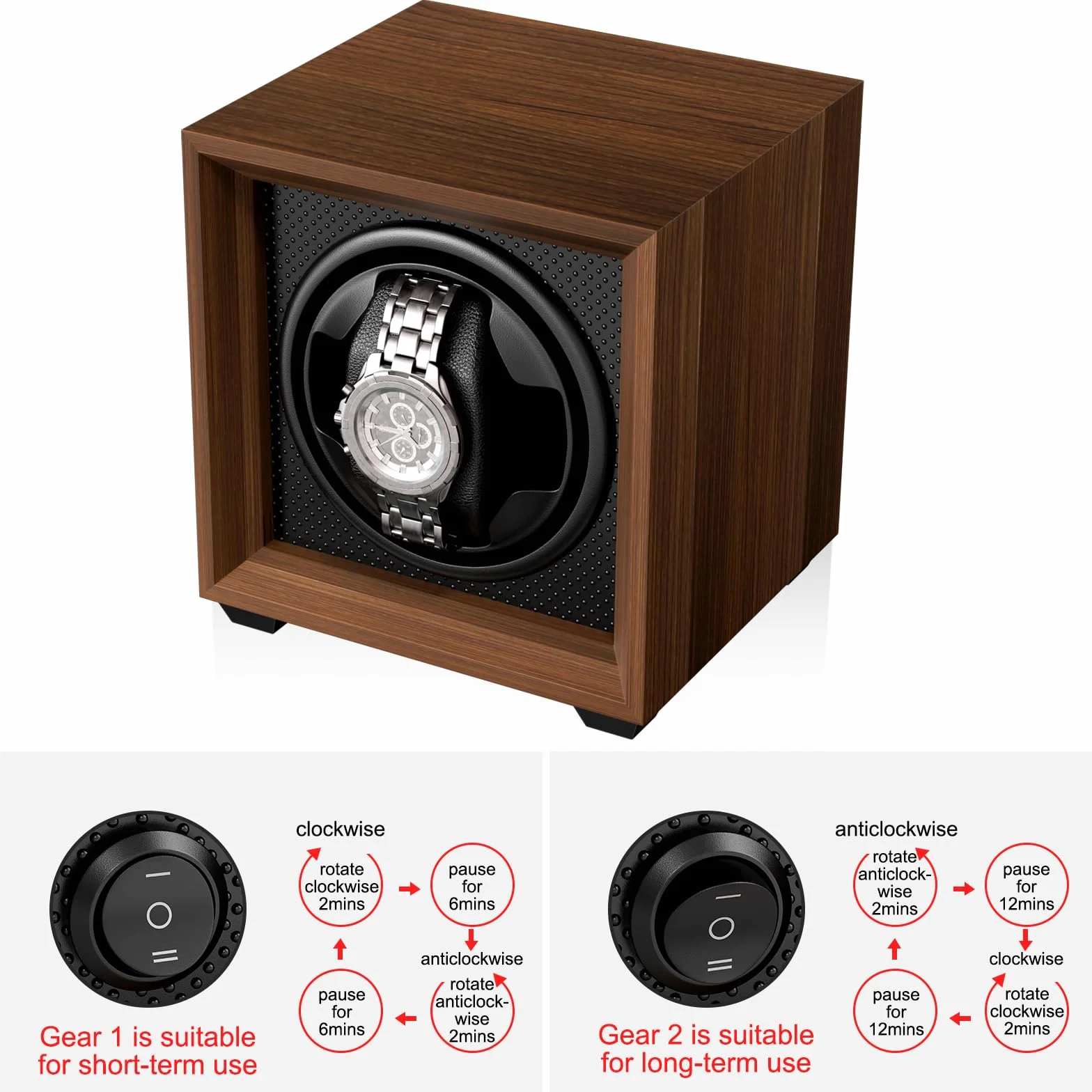 Fousenuk caja relojes automaticos con motor silencioso, 2 ajuste modos, cuadrada y color nuez enrollador para reloj, con puerto de carga USB y espuma viscoelástica, para dar cuerda a relojes mecánicos
