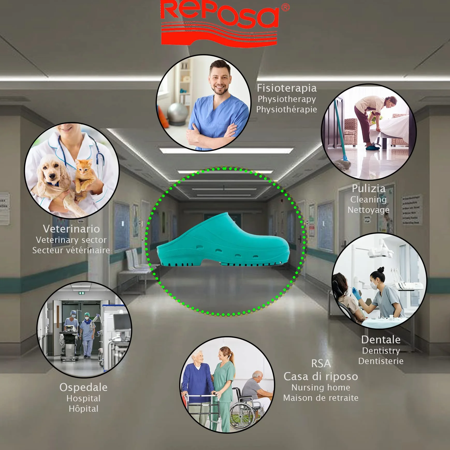REPOSA Easy - Zuecos Sanitarios Mujer y Hombre en Goma con Suela Antideslizante SRC, Zuecos Enfermera Anatómicos sin Correa, Zapatos Sanitarios Esterilizables, Antishock y Transpirables
