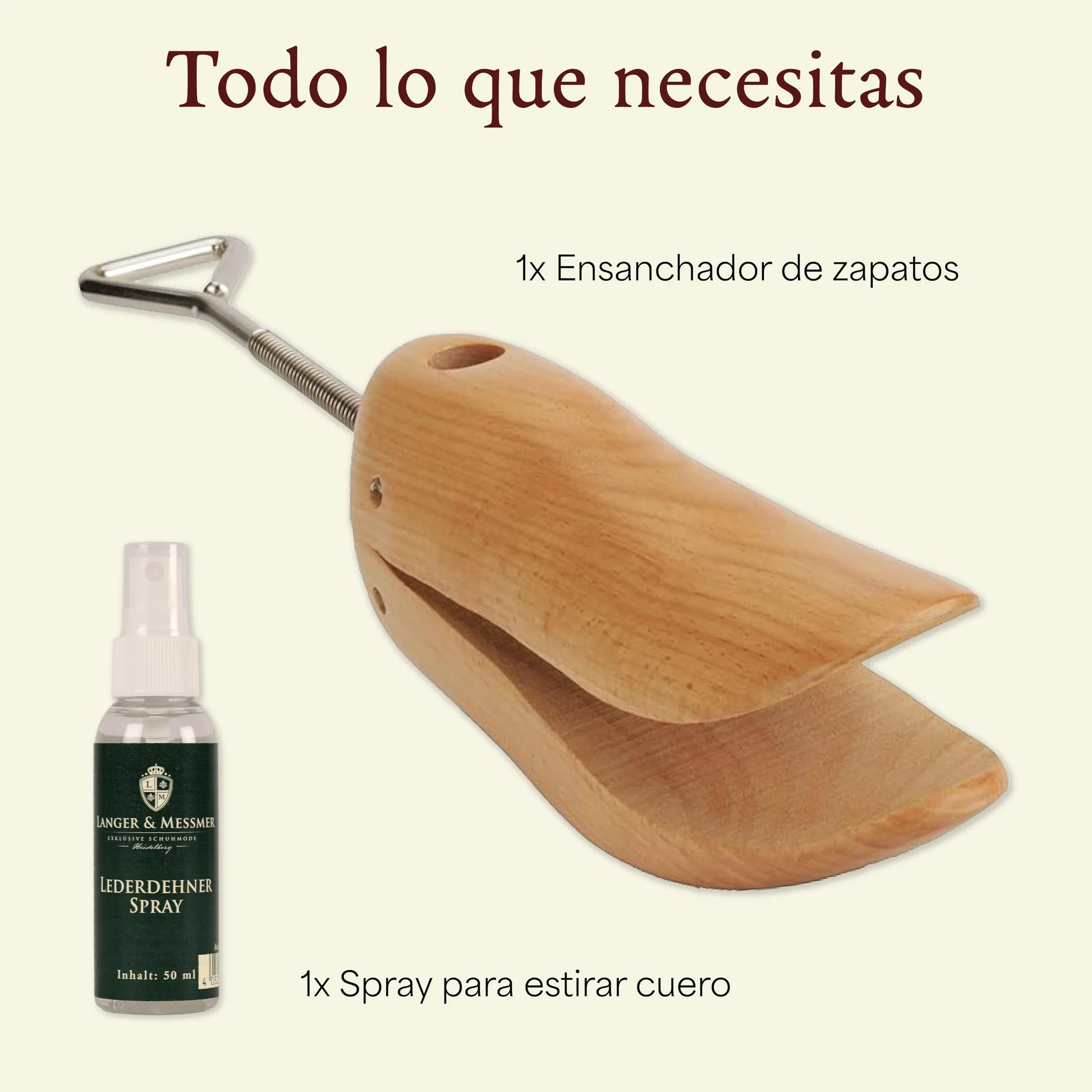 Langer & Messmer alargador de zapatos y botas para la puntera para mujeres contra la presión de los zapatos - de madera maciza de haya incl. spray alargador de cuero 50ml