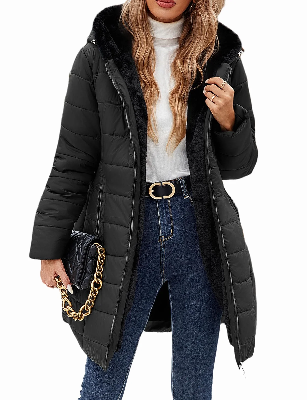 Yuson Girl Abrigo Parka Mujer Largo con Capucha Invierno Forro Polar Sherpa Chaqueta para Mujer Gruesa Abrigos de Piel Cremallera Cálido Jacket Resistente Agua Coat con Bolsillos