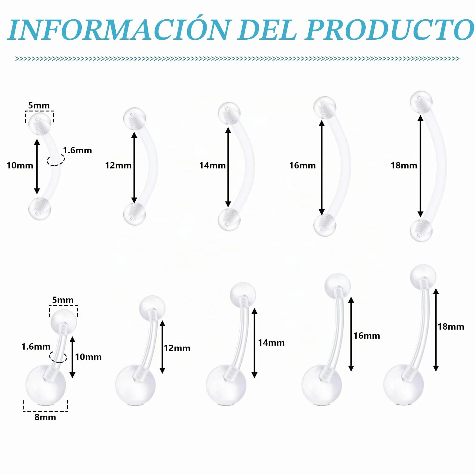 LAURITAMI Piercing transparente para el ombligo, ceja, piercing para el ombligo, anillo para embarazo, curvado, cejas, nariz, labios, cartílago, oreja, kit de joyas