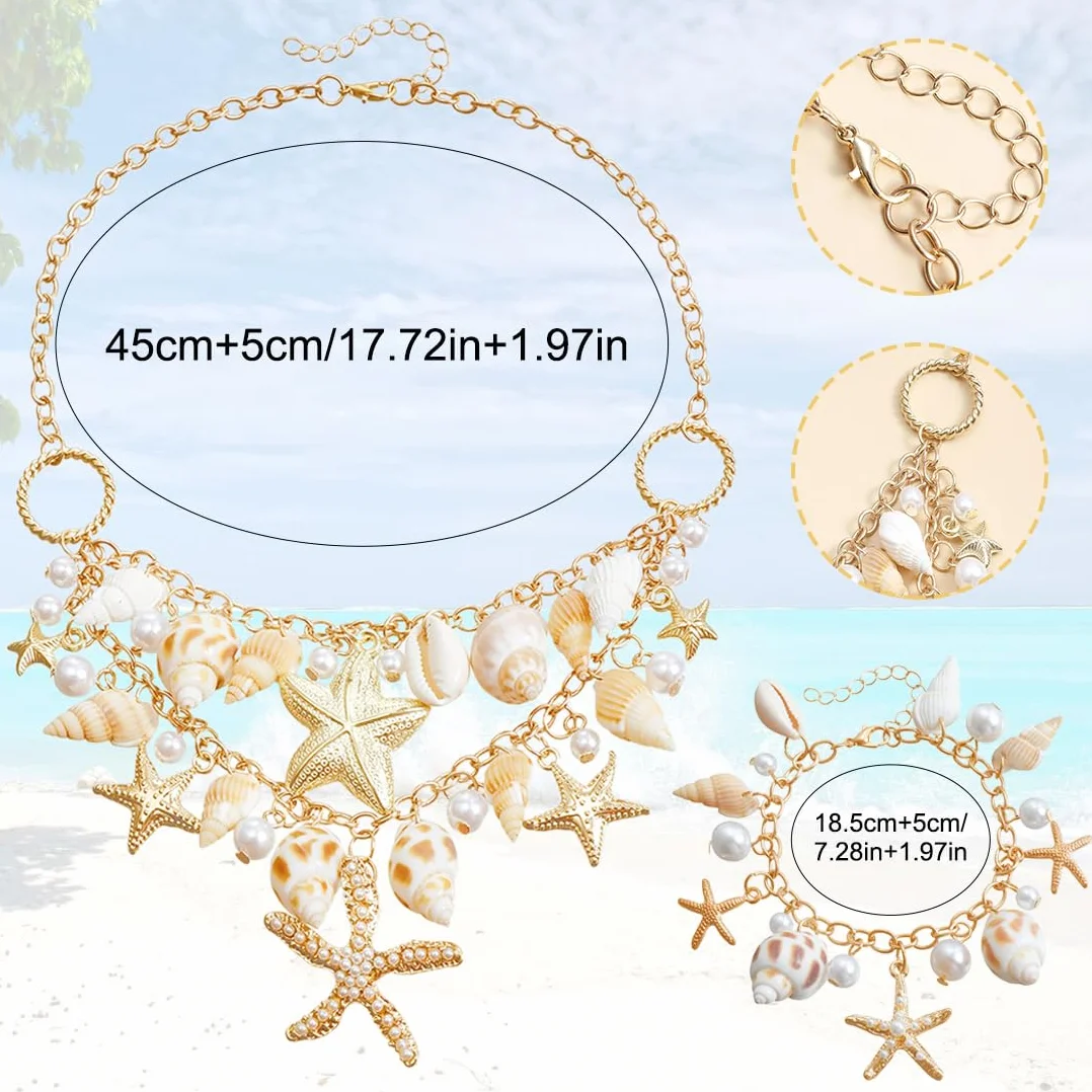 Juego de joyas de disfraz de sirena para mujer, accesorios de disfraz de sirena, estrella de mar, caracola, concha, collar, pulsera, perlas, estrella de mar, aretes de clip para el pel(A)