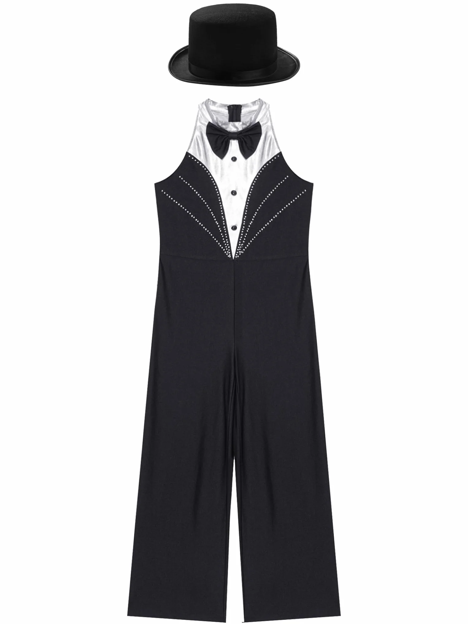 Hedmy Traje de Baile Latino Jazz para Niñas Mono de Pierna Ancha Pantalón de Baile de Patchwork Metálico con Sombrero Ropa de Baile Claqué 5-16 Años