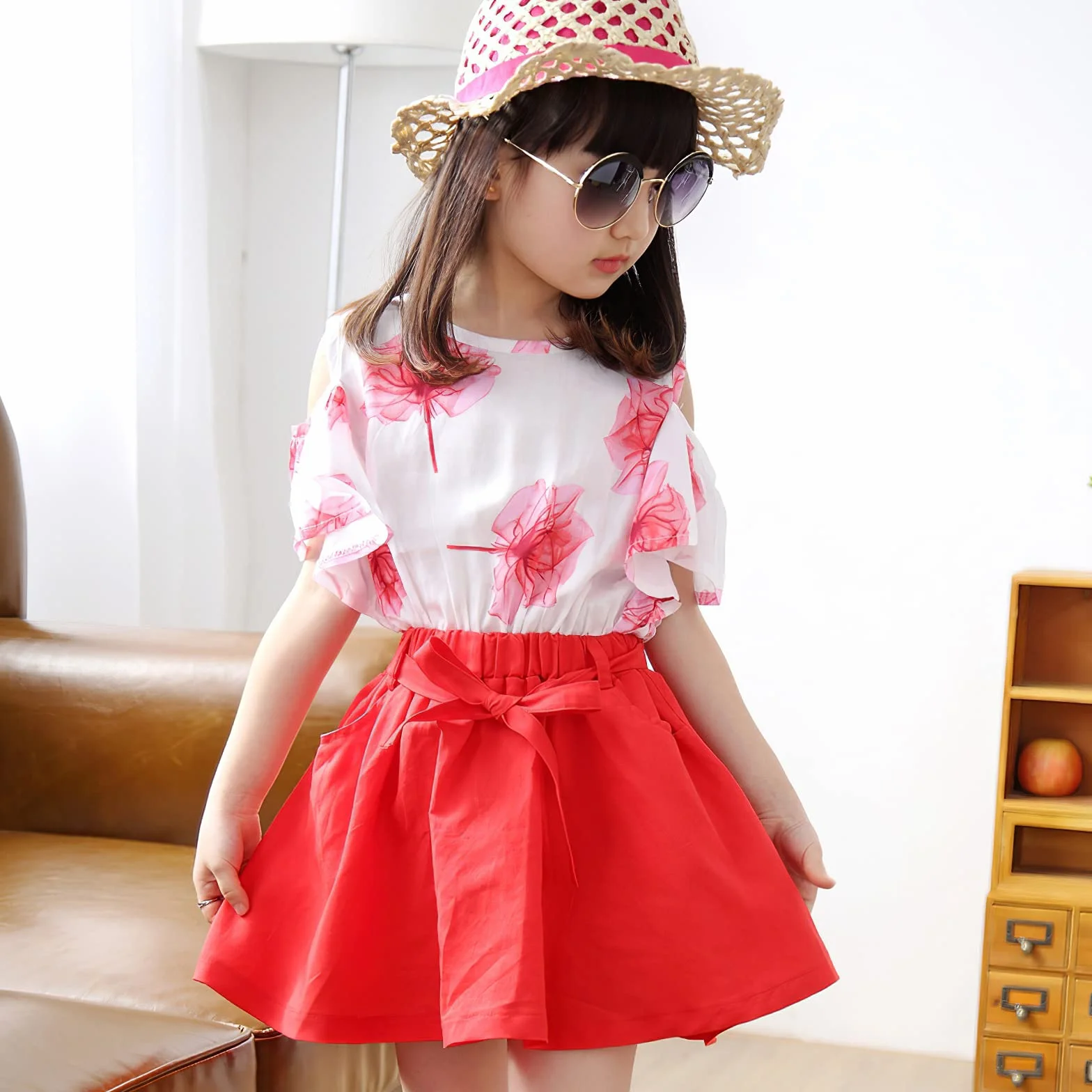 amropi Niña Floral Conjunto de Verano Camiseta de Manga Volantes y Falda 2 Piezas Ropa Set 3-12 años